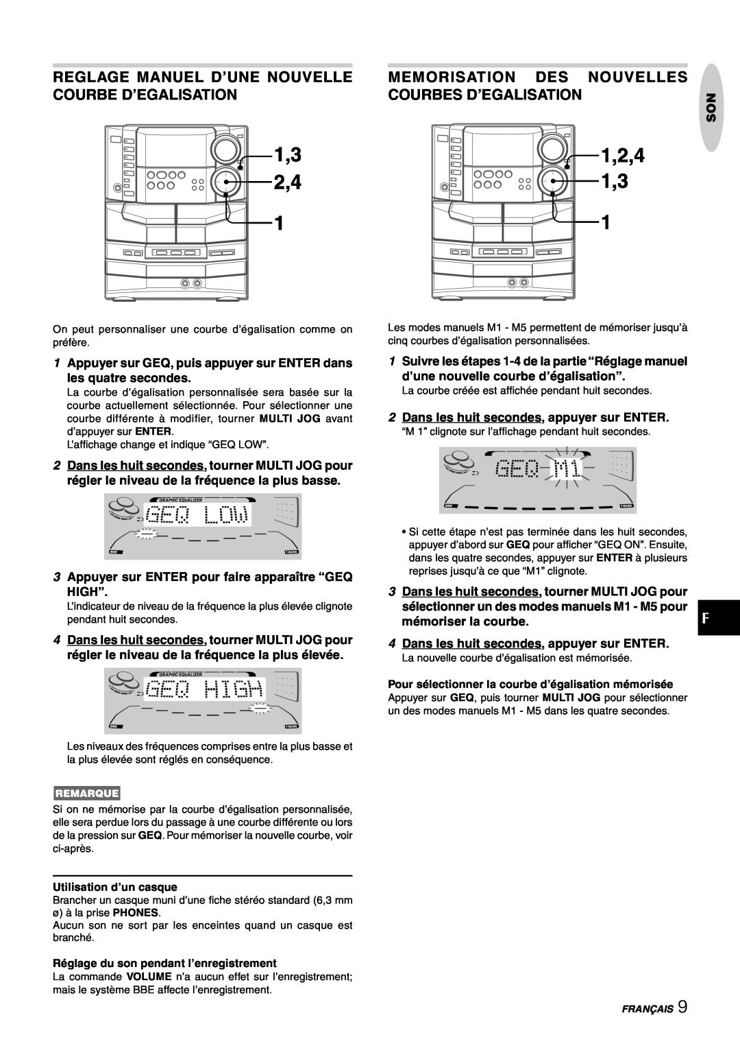 Sony NSX-AJ80 Memorisation Des Nouvelles, Courbes D’Egalisation, 1Appuyer sur GEQ, puis appuyer sur ENTER dans, High” 