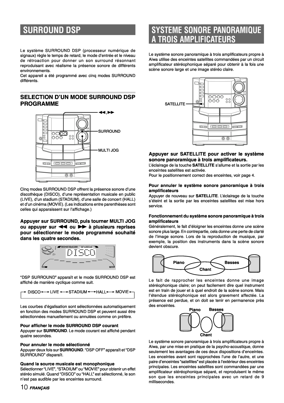 Sony NSX-AJ80 manual A Trois Amplificateurs, Systeme Sonore Panoramique, Selection D’Un Mode Surround Dsp Programme 