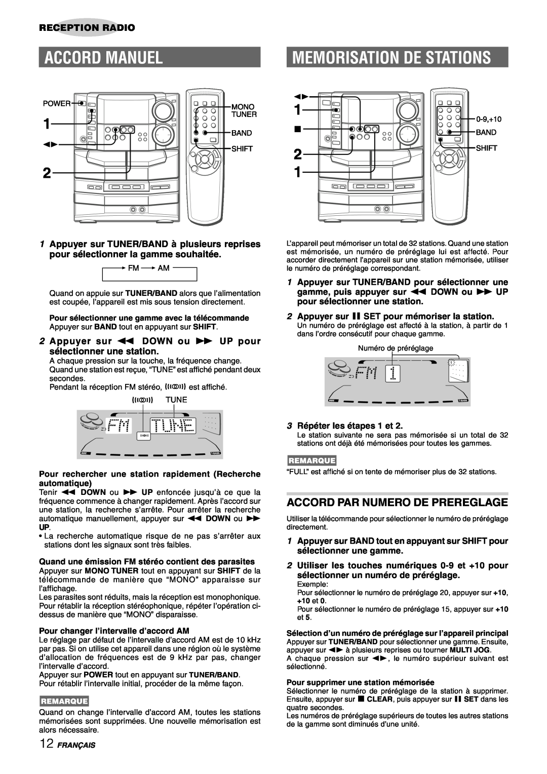 Sony NSX-AJ80 manual Accord Manuel, Memorisation De Stations, Accord Par Numero De Prereglage, Reception Radio 