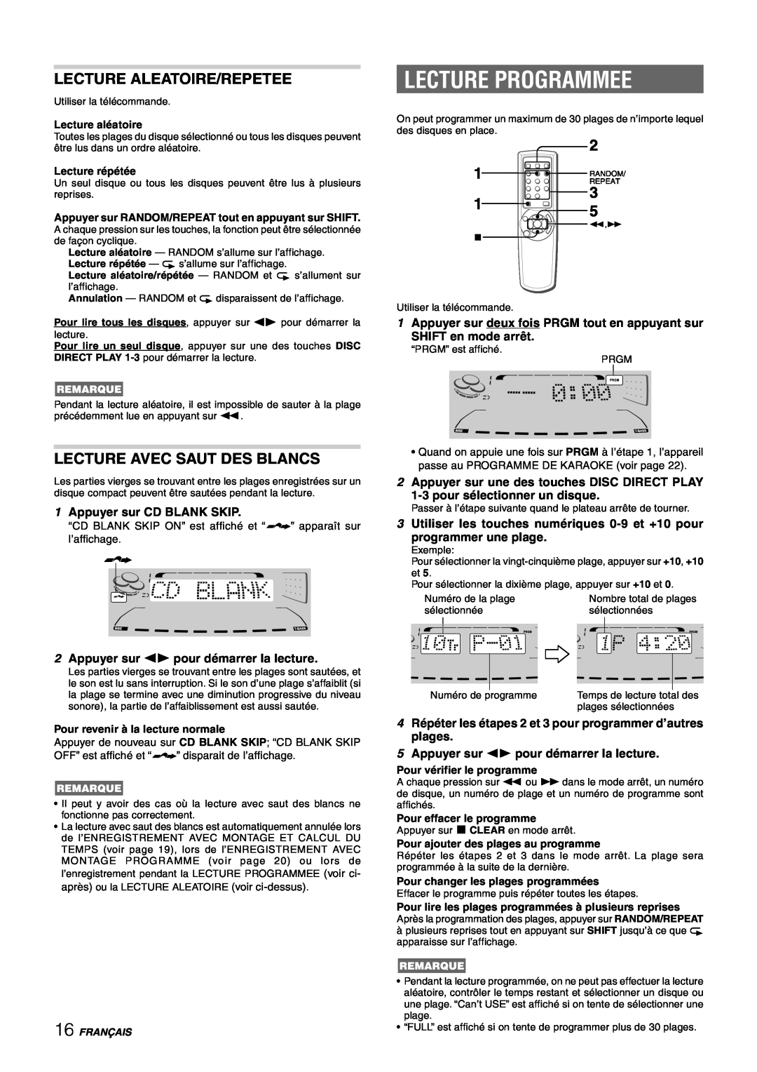Sony NSX-AJ80 manual Lecture Programmee, Lecture Aleatoire/Repetee, Lecture Avec Saut Des Blancs, SHIFT en mode arrêt 