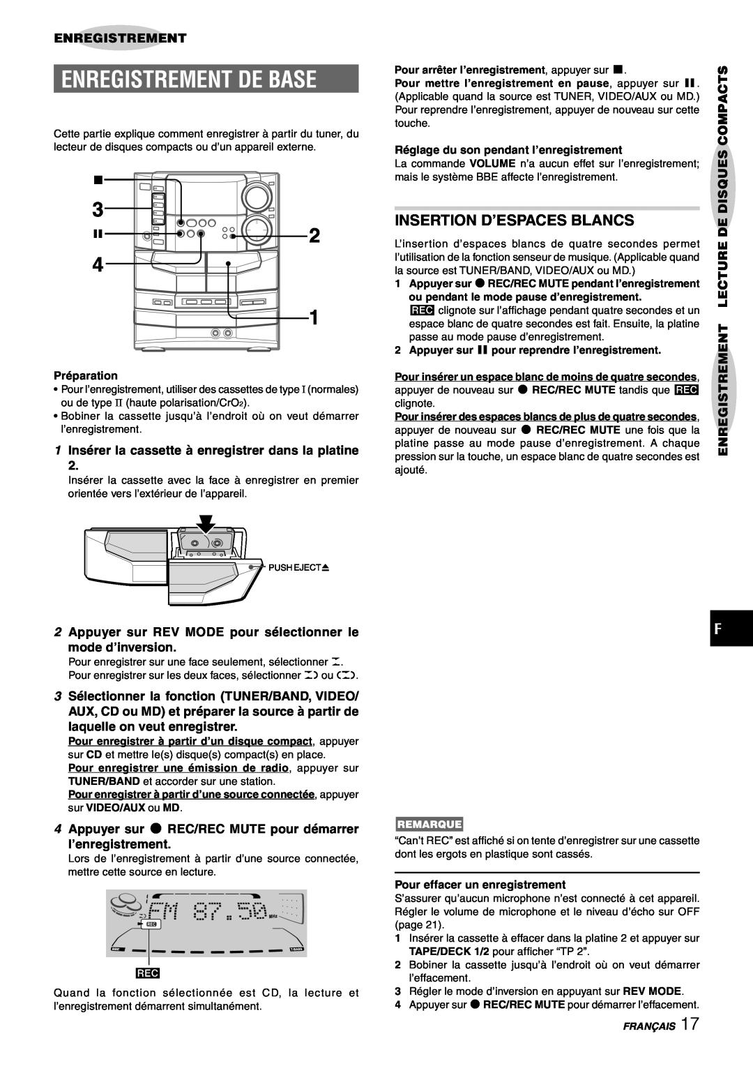 Sony NSX-AJ80 Enregistrement De Base, Insertion D’Espaces Blancs, 2Appuyer sur REV MODE pour sélectionner le, Compacts 