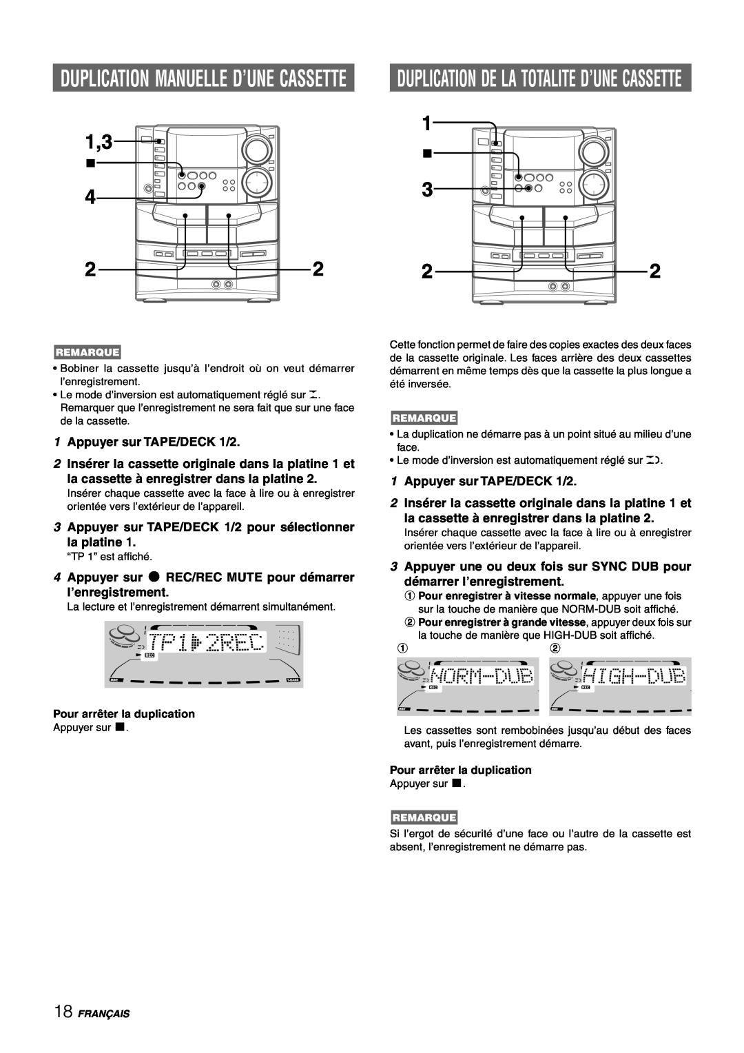 Sony NSX-AJ80 Duplication Manuelle D’Une Cassette, 1Appuyer sur TAPE/DECK 1/2, la cassette à enregistrer dans la platine 