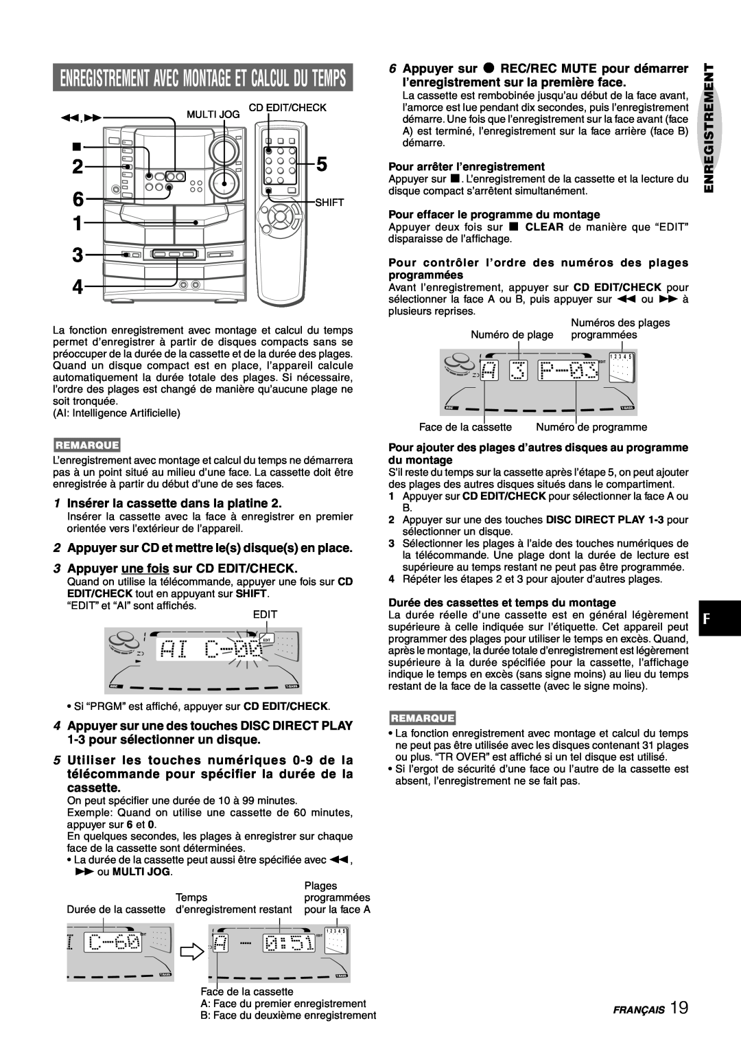 Sony NSX-AJ80 manual Appuyer sur w REC/REC MUTE pour démarrer, l’enregistrement sur la première face, cassette, programmées 