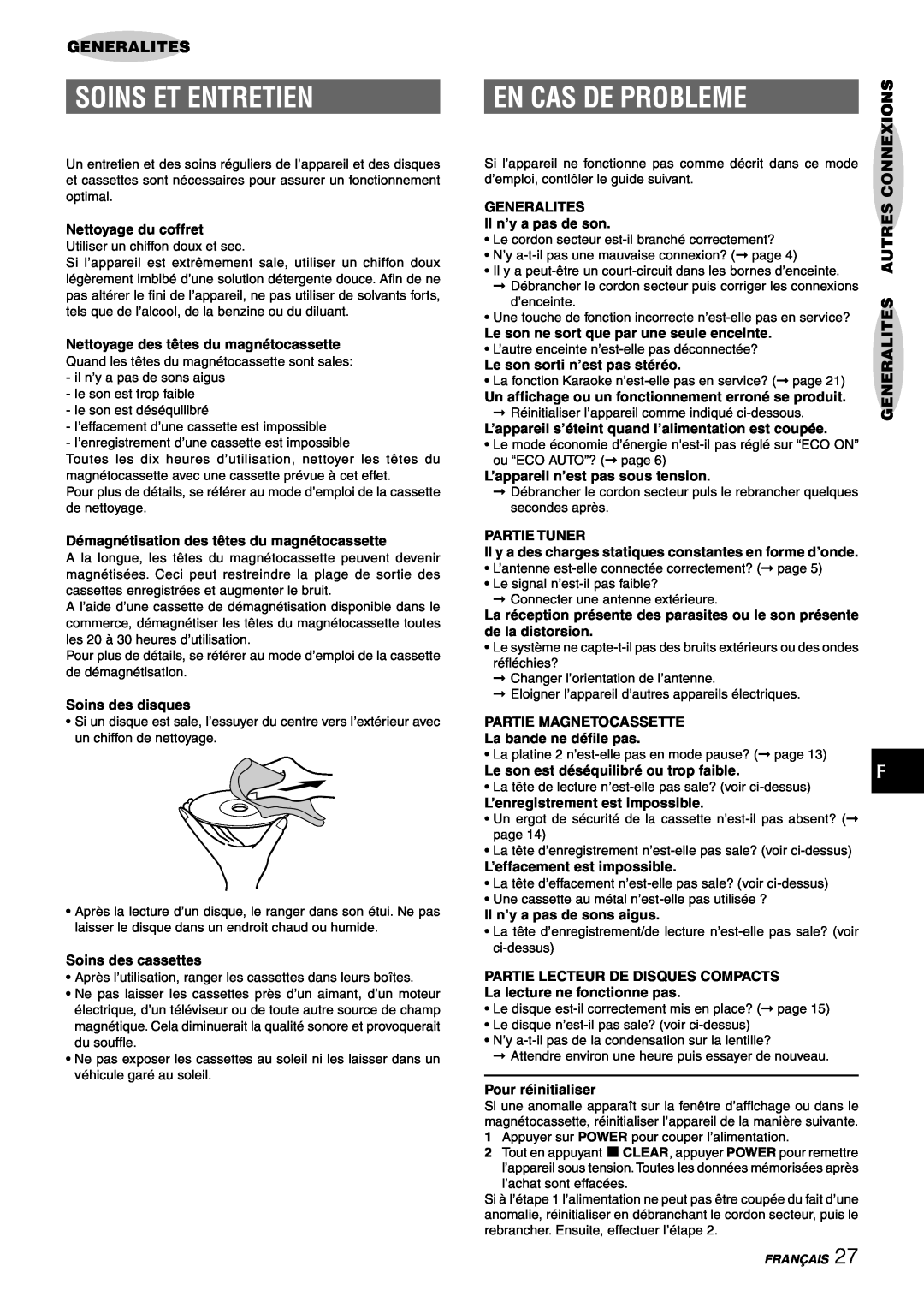 Sony NSX-AJ80 manual Soins Et Entretien, En Cas De Probleme, Generalites Autres Connexions, Nettoyage du coffret 