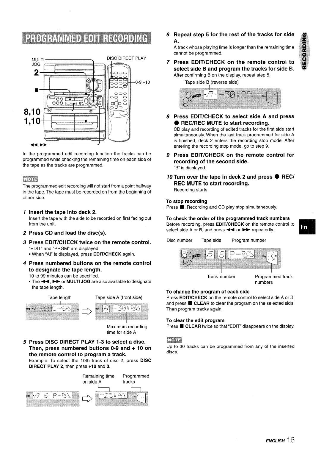 Sony SX-MT321, NSX-MT320 manual Repeat for the rest of the tracks for side a, Insert the tape into deck, To stop recording 