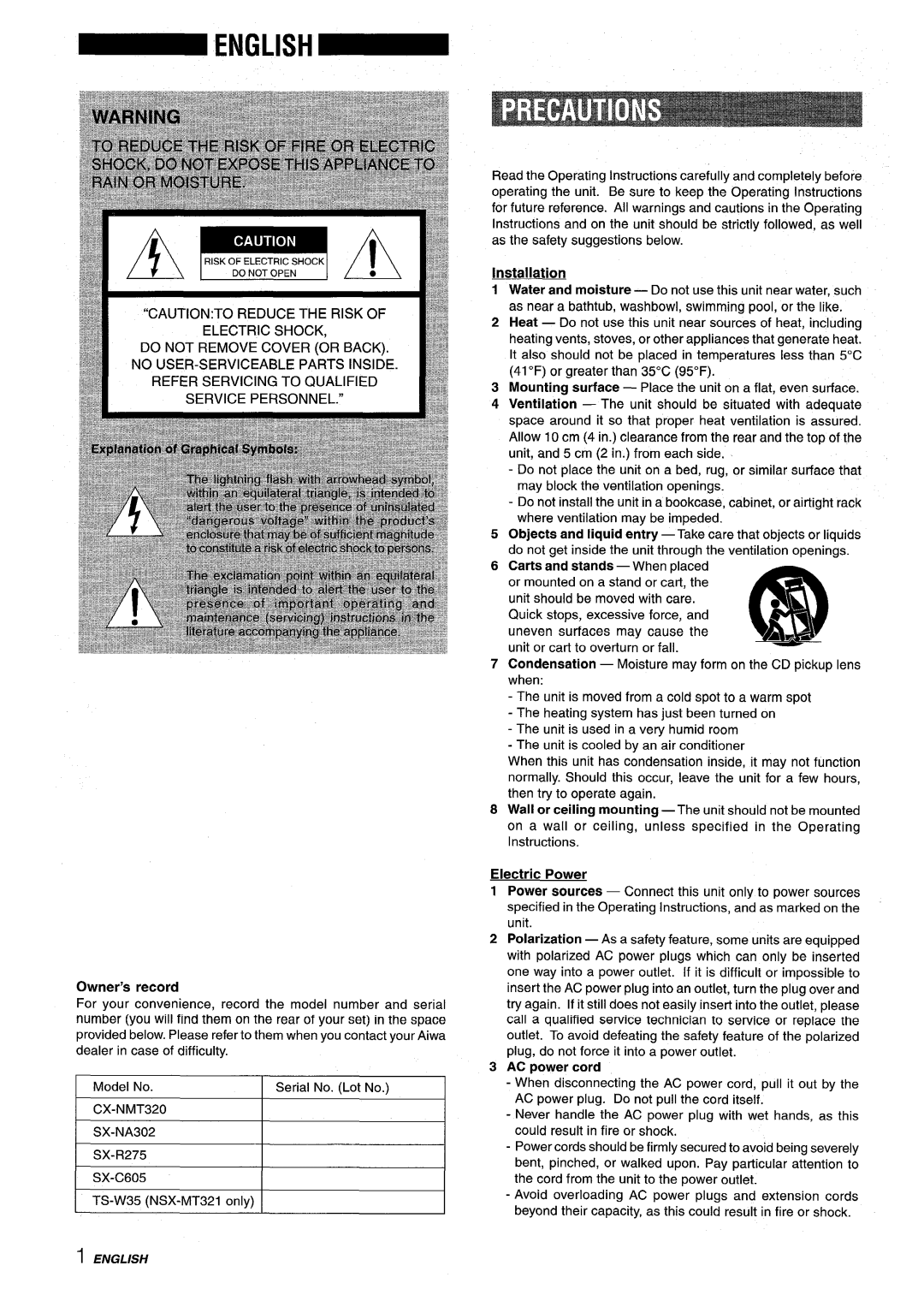 Sony NSX-MT320, SX-MT321 manual Owner’s record, Installation, Electric Power, AC power cord 