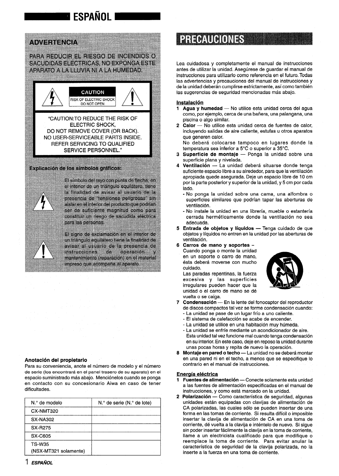 Sony NSX-MT320, SX-MT321 Lnstalaci6n, Anotacion del propietario, Carros de mano y soportes, Eneraia electrica, ESPAfiOL 