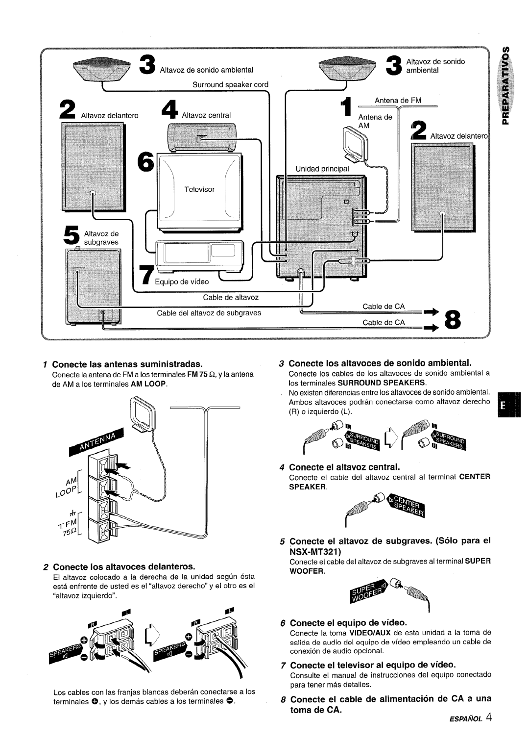 Sony SX-MT321, NSX-MT320 Conecte Ias antenas suministradas, Conecte Ios altavoces delanteros, Conecte el altavoz central 