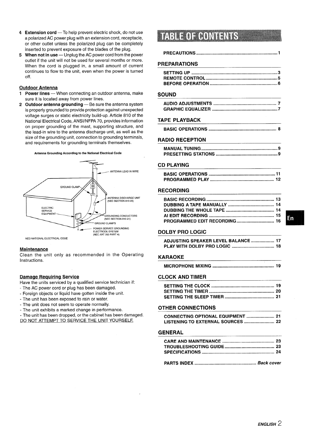 Sony SX-MT321 manual Preparations, Sound, Tape Playback, Radio Reception, CD Playing, Recording, Dolby PRO Logic, Karaoke 