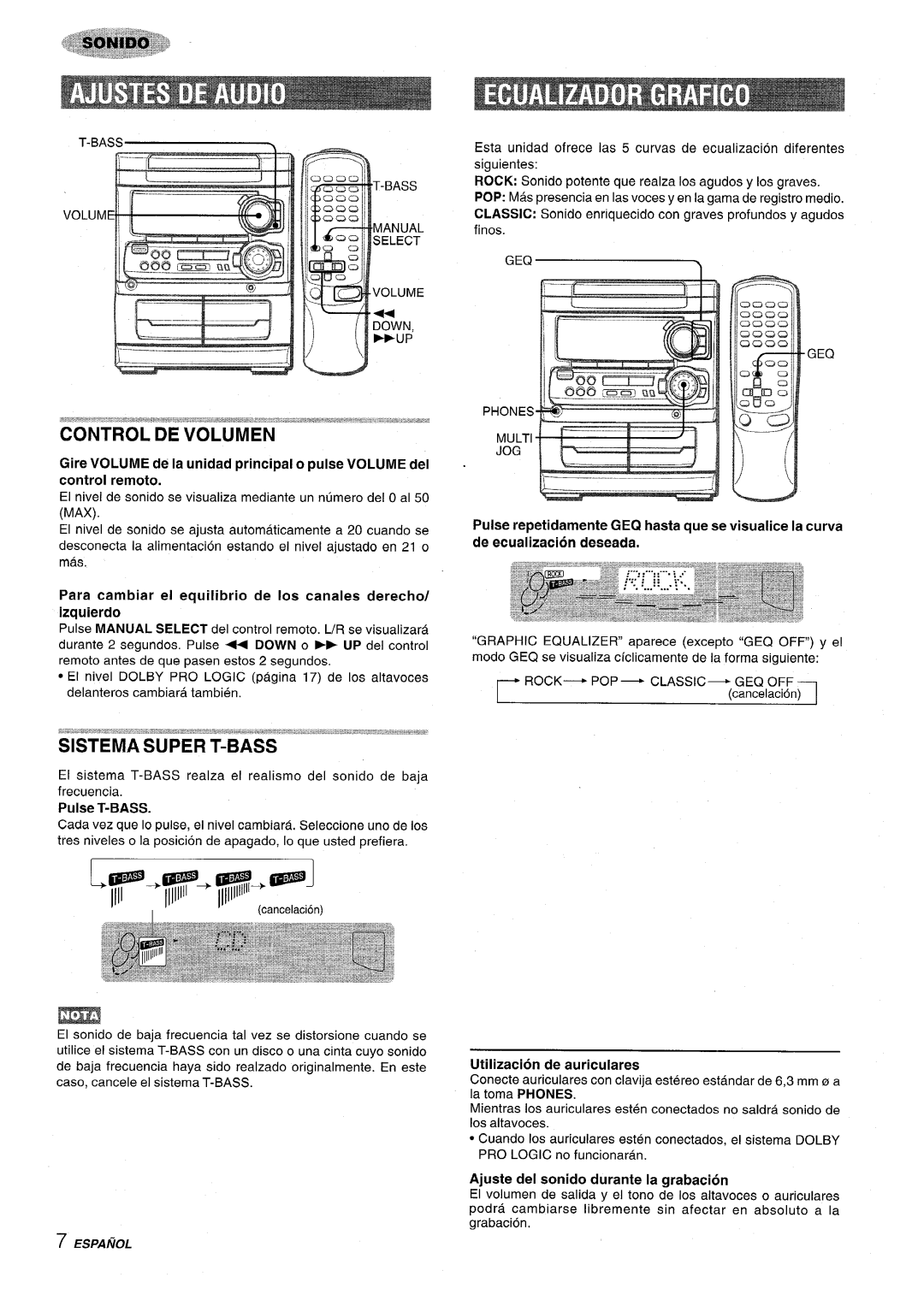 Sony NSX-MT320 Sistema Super T-BASS, Pulse T-BASS, Utilization de auriculares, Ajuste del sonido durante la grabacion 