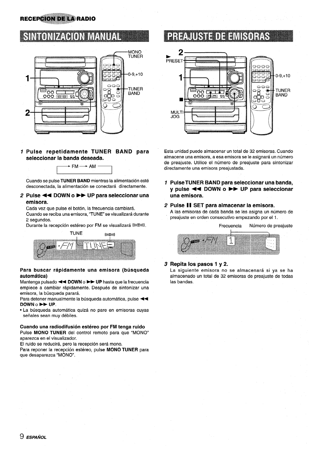 Sony NSX-MT320 Pulse + Down o DD UP para seleccionar una emisora, Para buscar rapidamente una emisora btisqueda automatic 