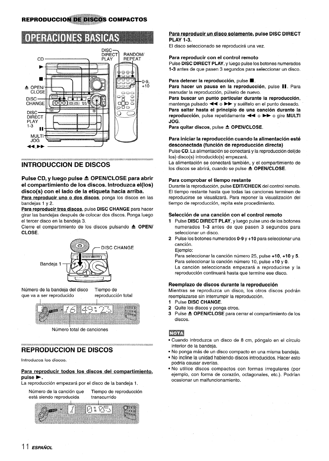 Sony NSX-MT320, SX-MT321 manual Reproduction DE Discos, REPRODUCCl@~COMPACTOS, Close 