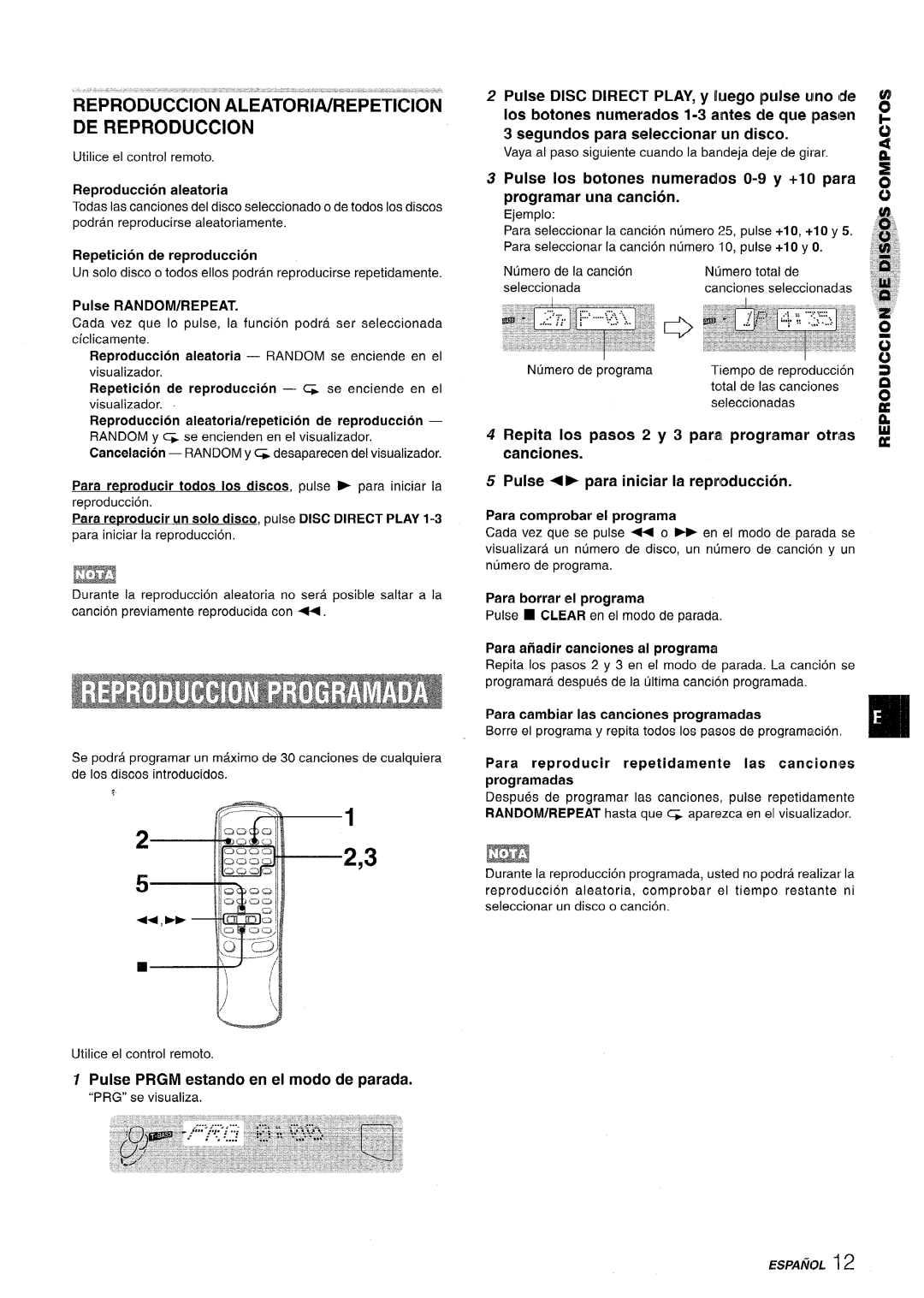 Sony SX-MT321 DE Reproduction, Pulse, Botones numerados Y +lCI par’a, Una cancion, Para afiadir canciones al programa 