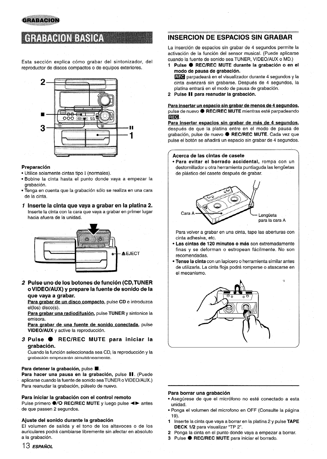 Sony NSX-MT320, SX-MT321 manual Insercion DE Espacios SIN Grabar 