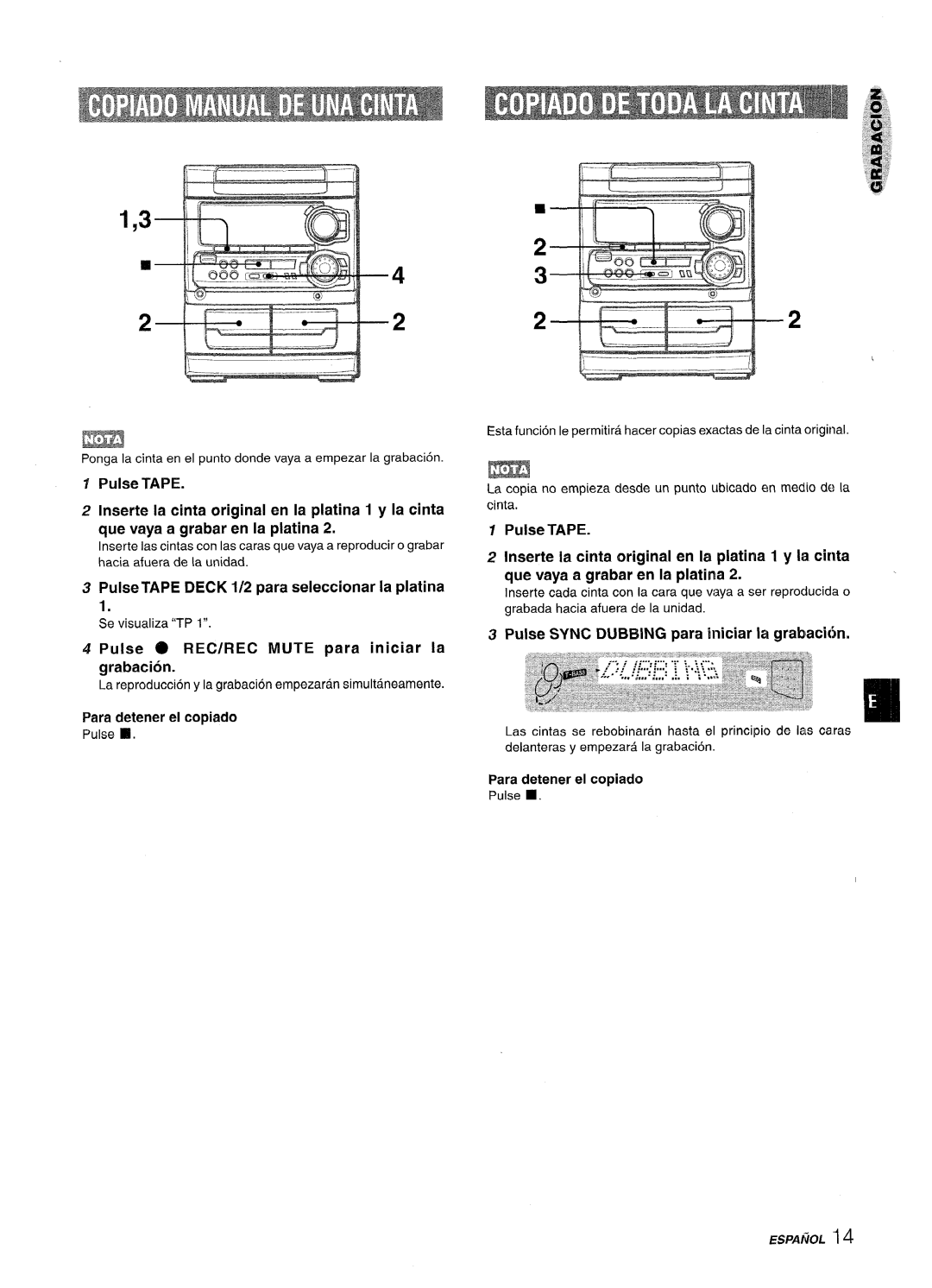 Sony SX-MT321 Pulse Tape Deck 1/2 para seleccionar la platina, Pulse @ REC/REC Mute para iniciar la grabacion, ESPAl~OL 