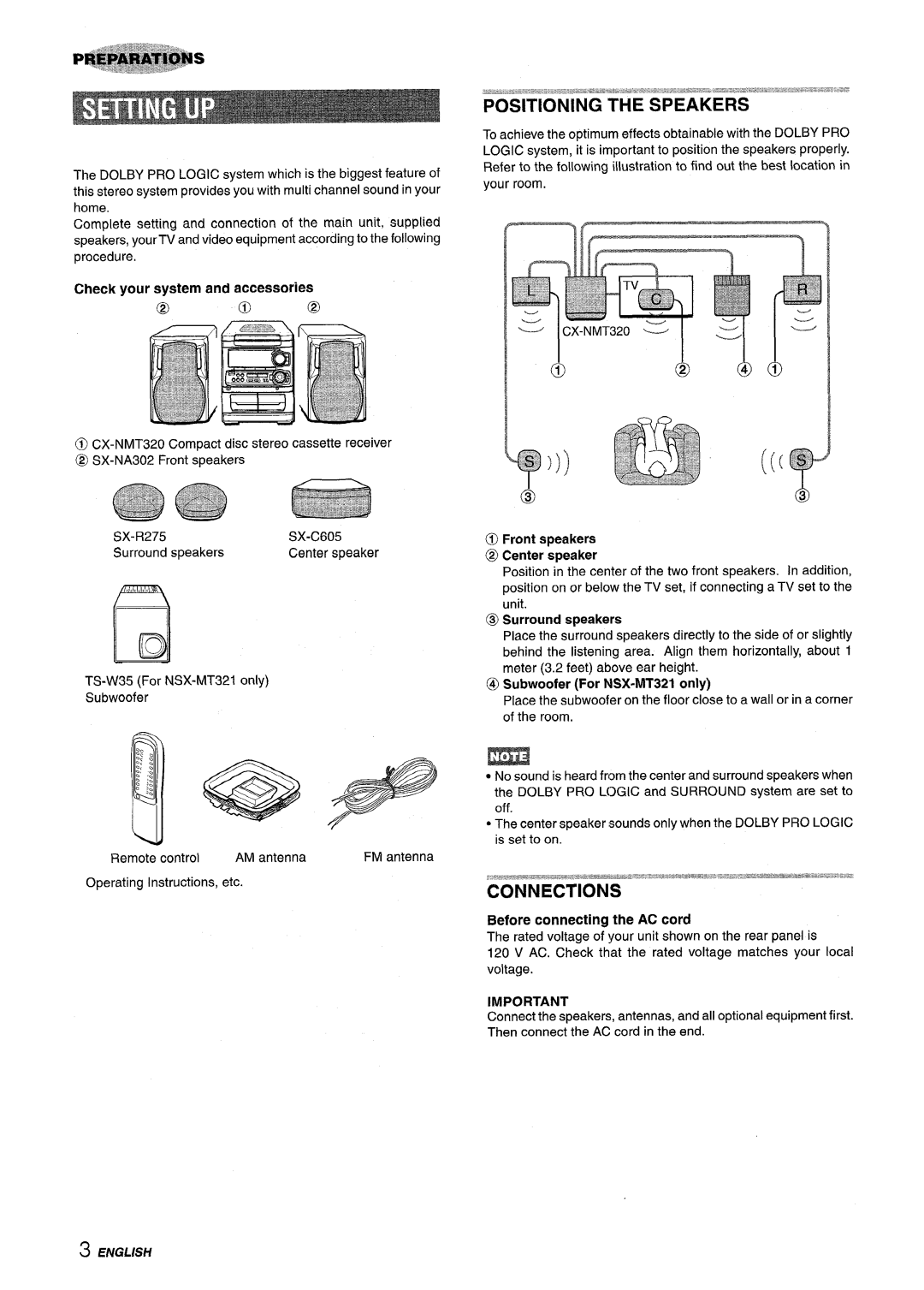 Sony NSX-MT320, SX-MT321 manual Positioning the Speakers, Connections 