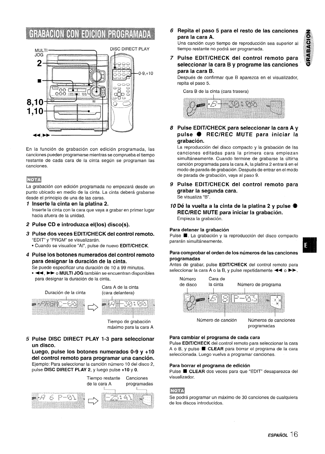 Sony SX-MT321, NSX-MT320 Inserte la cinta en la platina, Para detener la grabaci6n, Para cambiar el programa de cada cara 