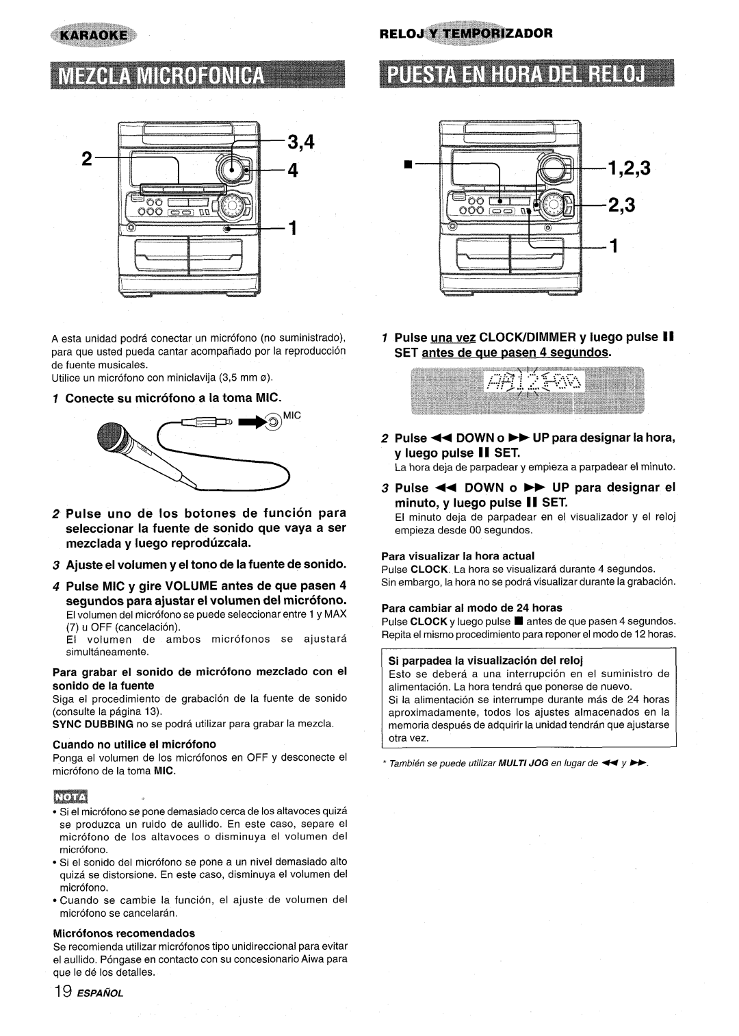 Sony NSX-MT320, SX-MT321 manual Cuando no utilice el microfono, Microfonos recomendados, Para visualizer la hors actual 