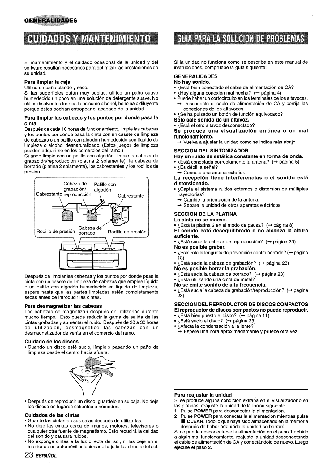 Sony NSX-MT320 manual Para Iimpiar la caja, Para desmagnetizar Ias cabezas, Cuidado de Ios discos, Seccion DEL Sintonizador 