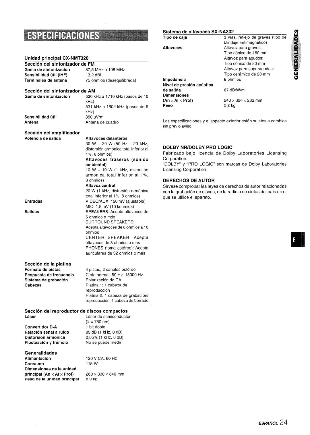 Sony SX-MT321 Util IHF, Seccion del sintonizador de AM Gama de sintonizacion, Antena, Seccion Del amplificador, Salidas 