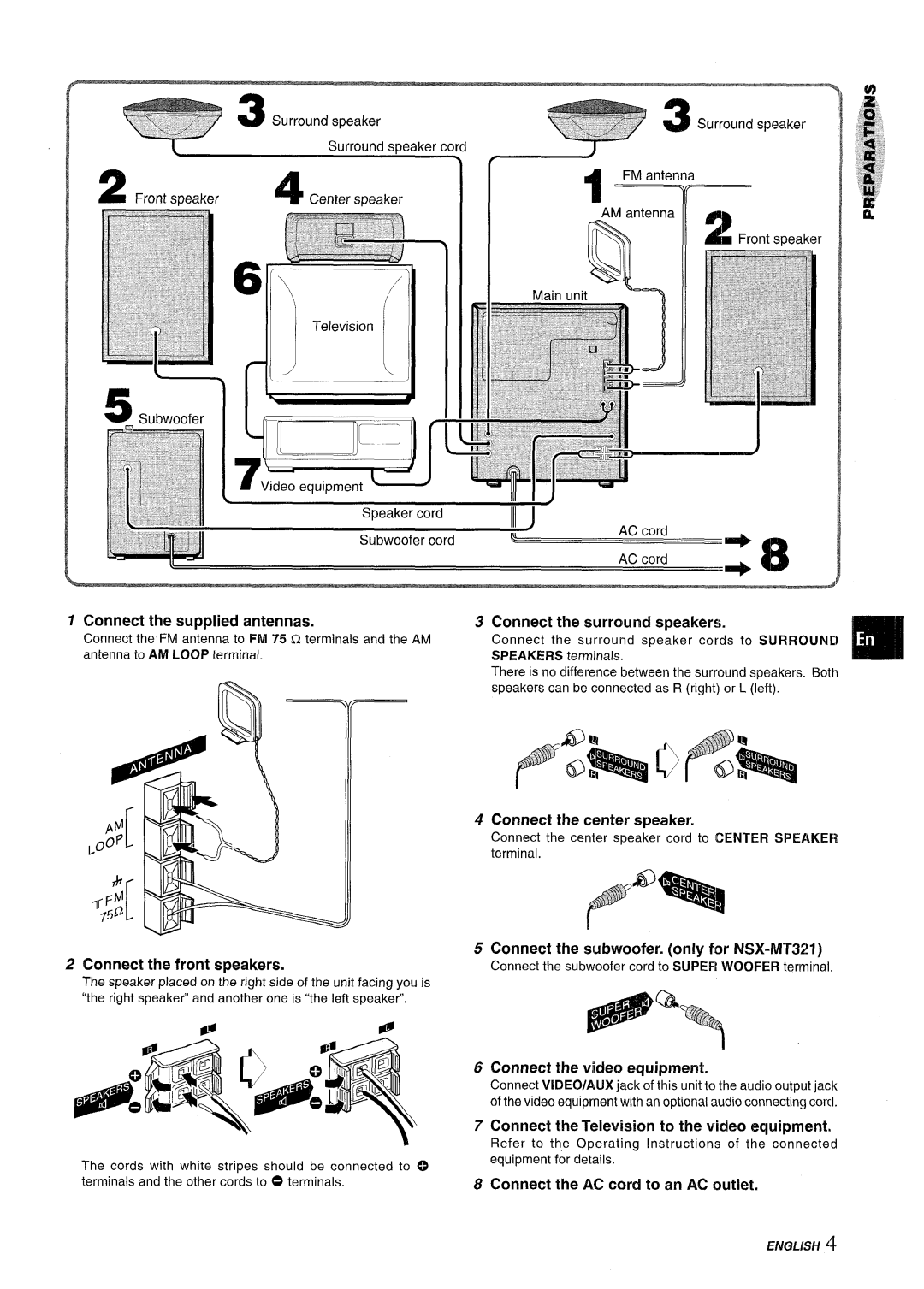 Sony SX-MT321, NSX-MT320 manual Connect the front speakers, Connect thesurrcmnd s~eakers, Connect the center speaker 