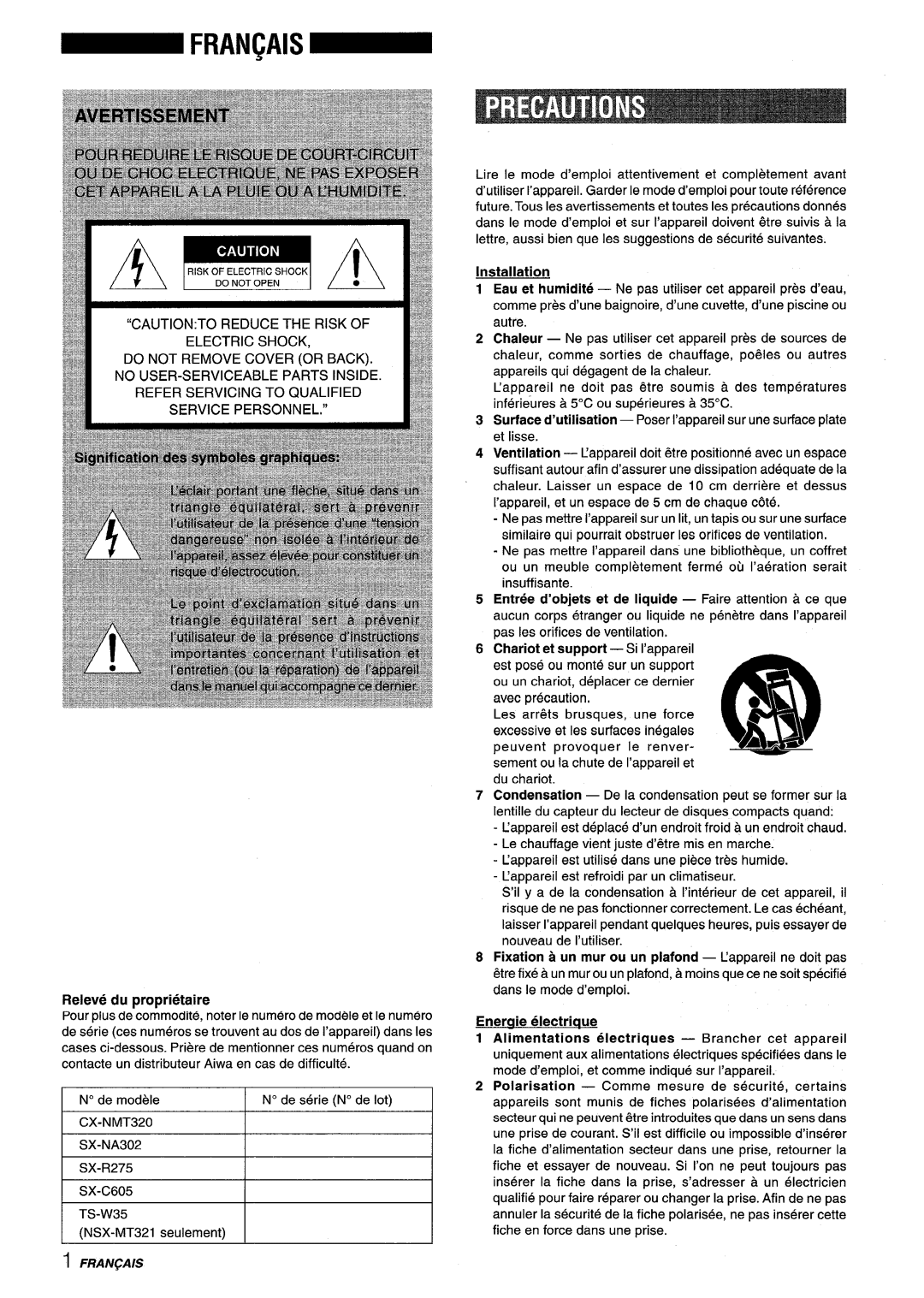 Sony NSX-MT320, SX-MT321 manual Installation, Chariot et support Si I’appareil, Eneraie electriaue, Releve du proprietaire 