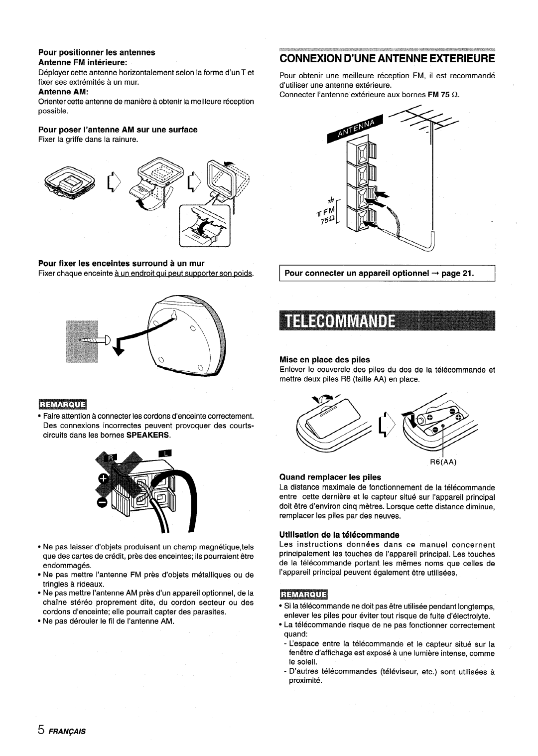 Sony NSX-MT320 Connexion D’UNE Antenne Exterieure, Pour fixer Ies enceintes surround a un mur, Mise en place des piles 