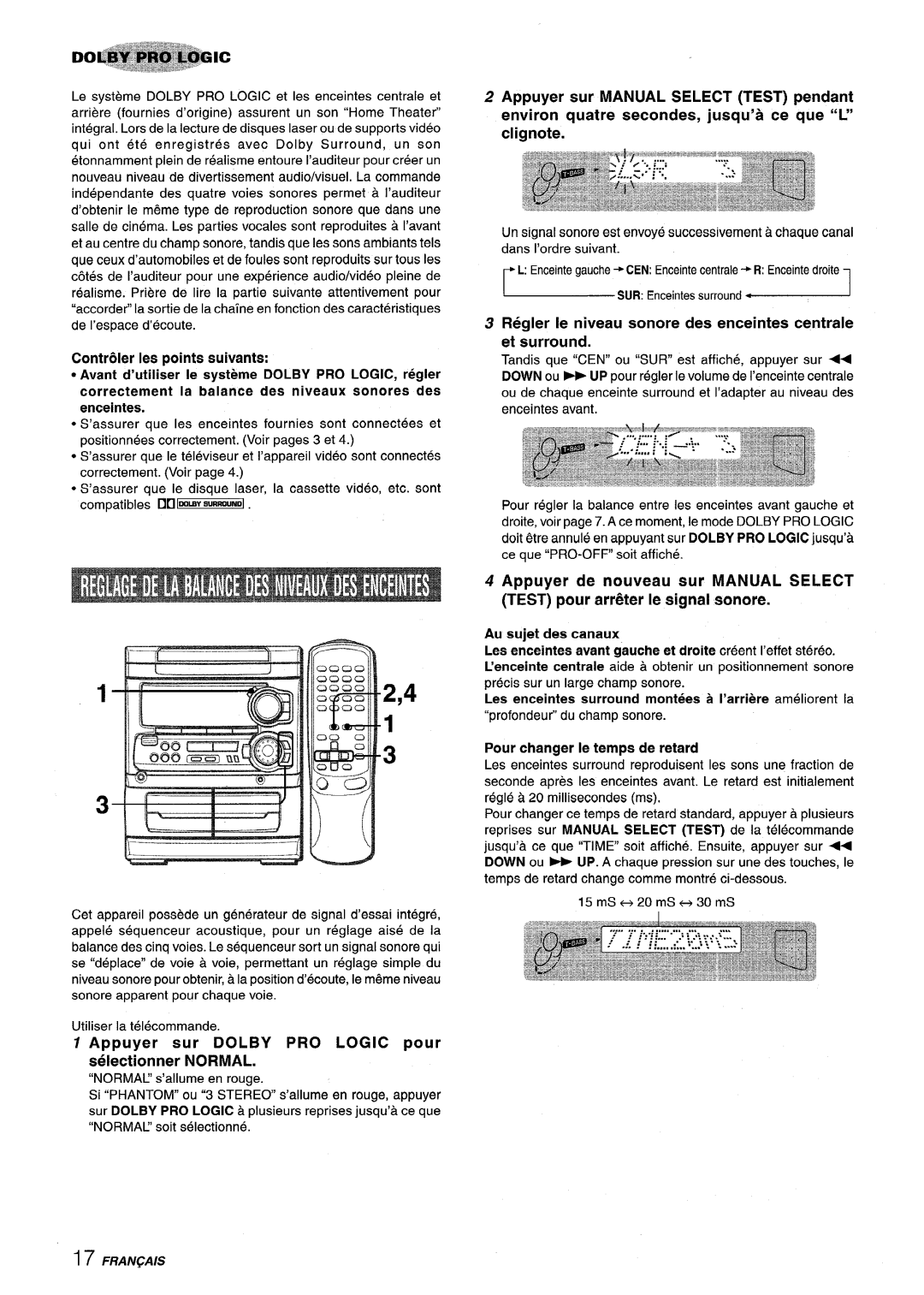 Sony NSX-MT320, SX-MT321 manual ContriNer Ies points suivants, Appuyer sur Dolby PRO Logic pour selectionner Normal 