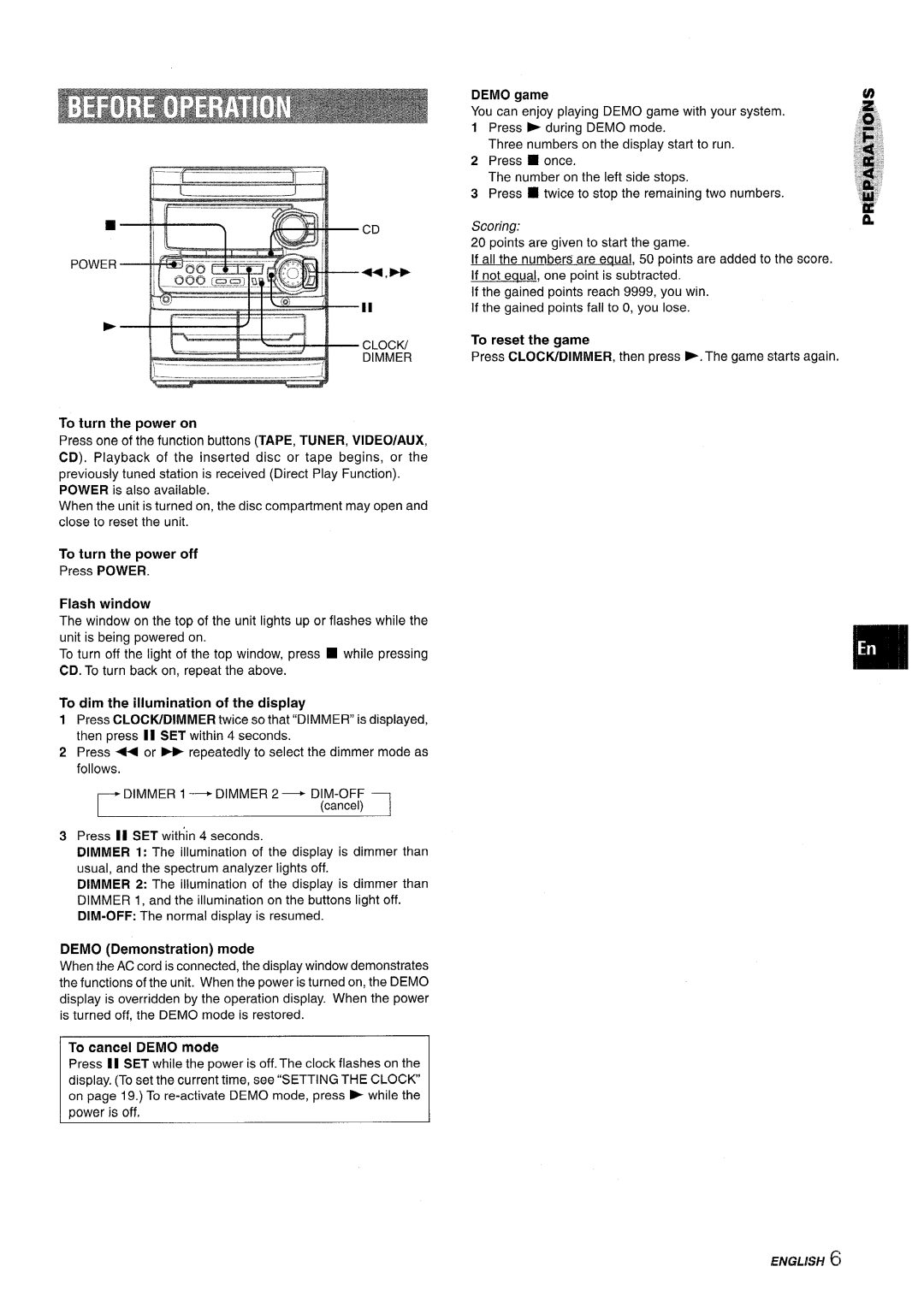 Sony SX-MT321 To turn the power on, To turn the power off, Flash window, To dim the illumination of the display, Demo game 