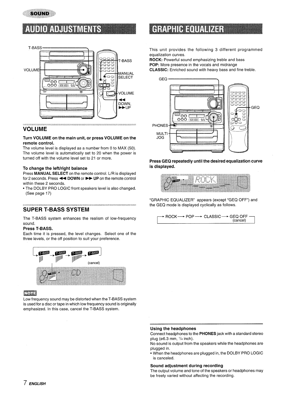 Sony NSX-MT320, SX-MT321 manual Super T-BASS System, To change the lefth’ight balance, Press T-BASS, Using the headphones 