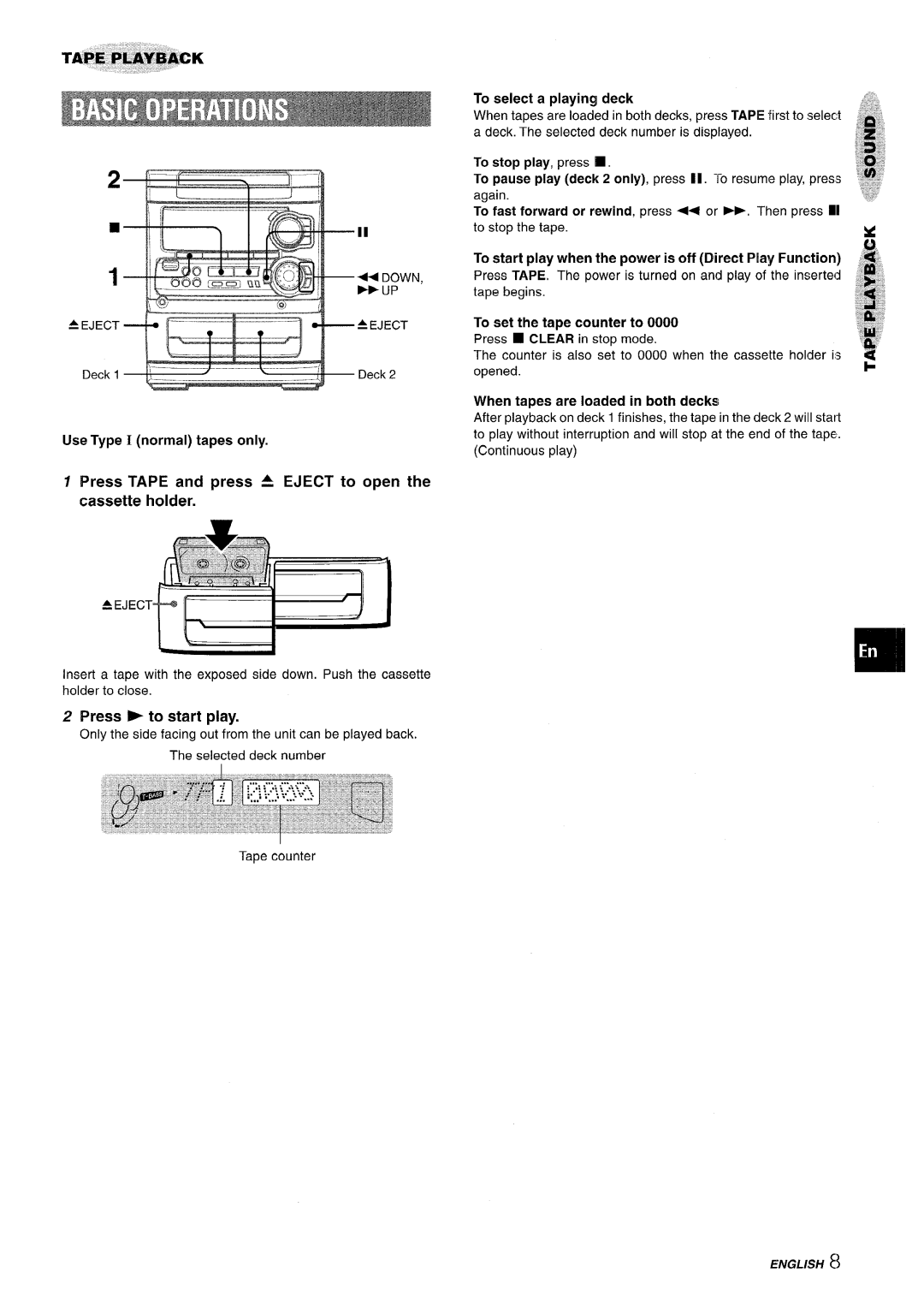 Sony SX-MT321, NSX-MT320 Tape PEiY’i$ACK, Press Tape and press a Eject to open the cassette holder, Press to start play 