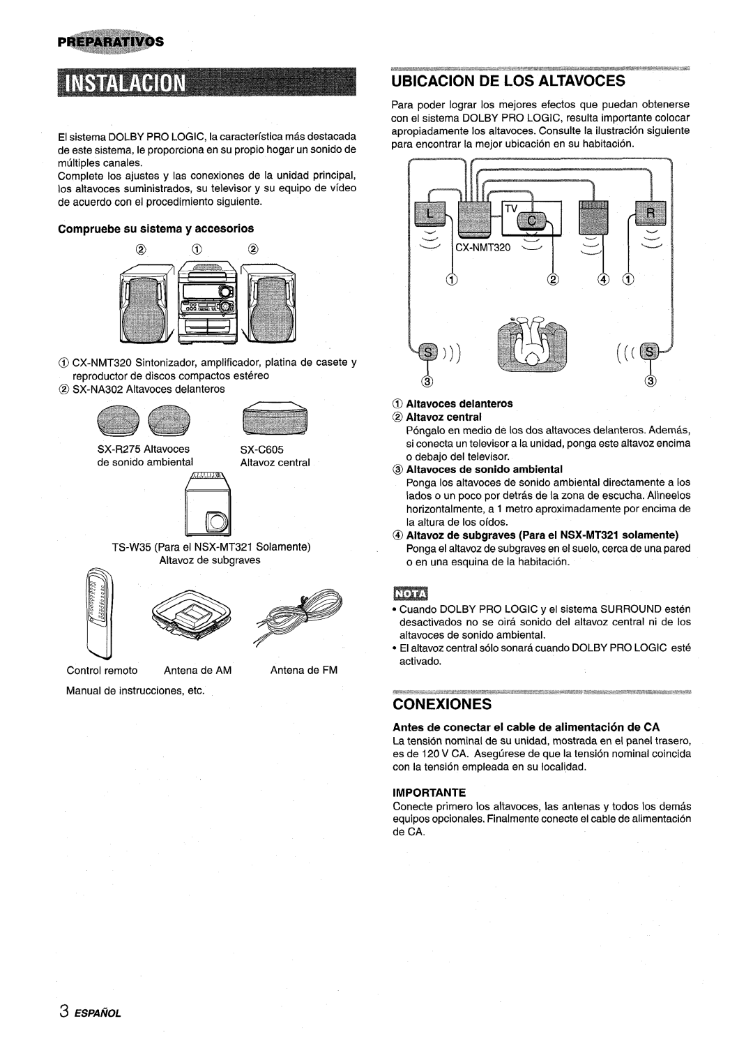 Sony NSX-MT320, SX-MT321 Ubicacion De Los Altavoces, Compruebe su sistema y accesorios @ 3@, Importante, Ilid, Espanol 