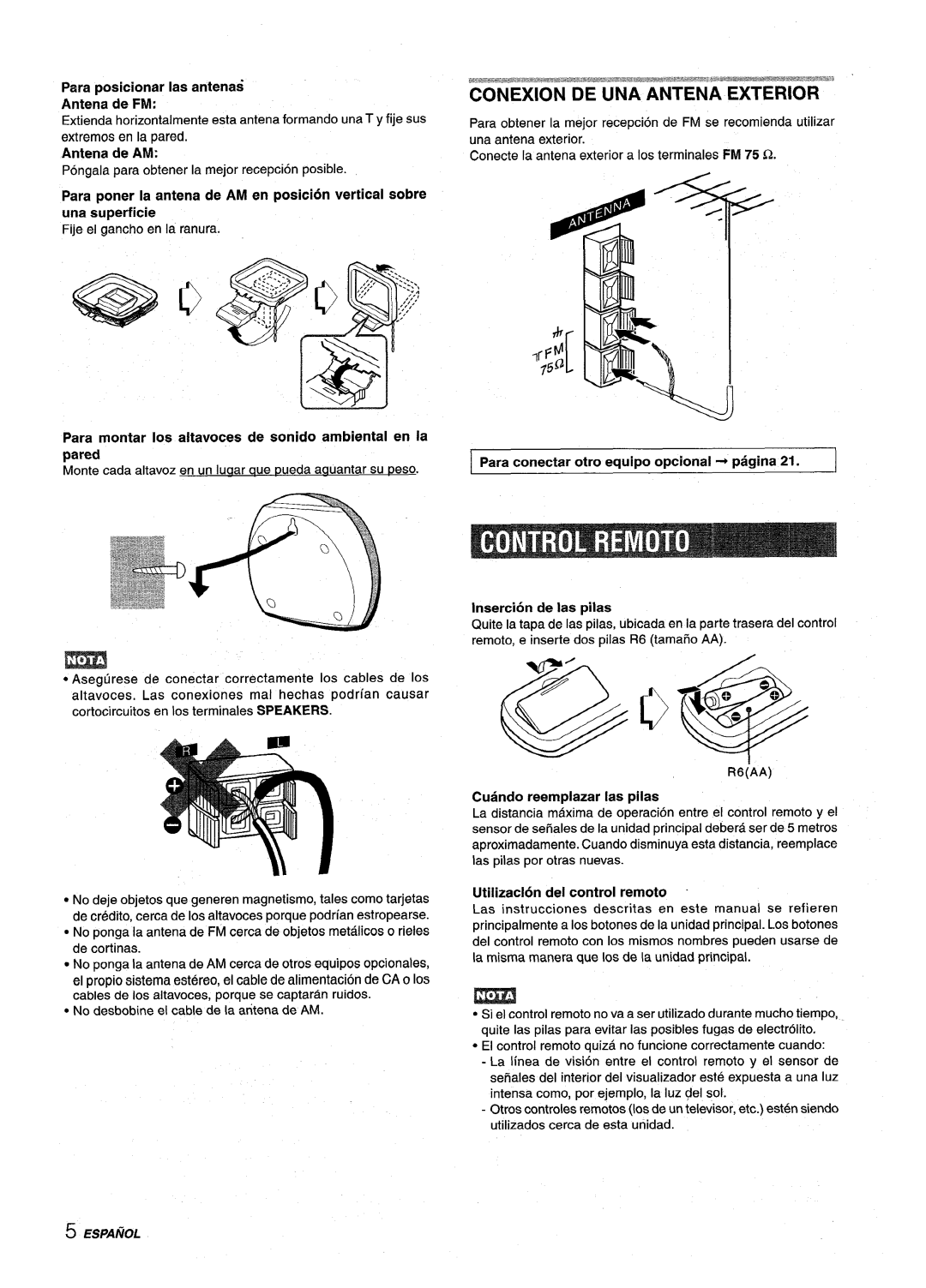 Sony NSX-MT320 manual Cuando reemplazar Ias piias, Utilizaclon del control remoto, Para posicionar Ias antenas Antena de FM 