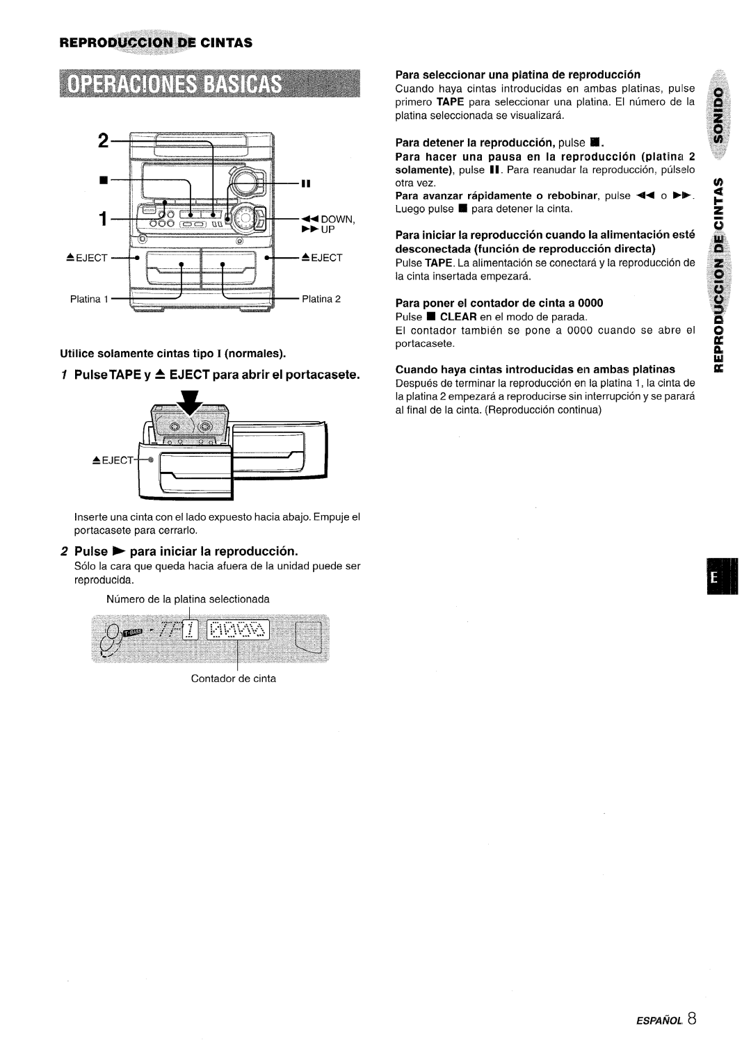 Sony SX-MT321, NSX-MT320 manual PulseTAPE y A EJECT para abrir el portacasete, Pulse para iniciar la reproduction, “ ““” 