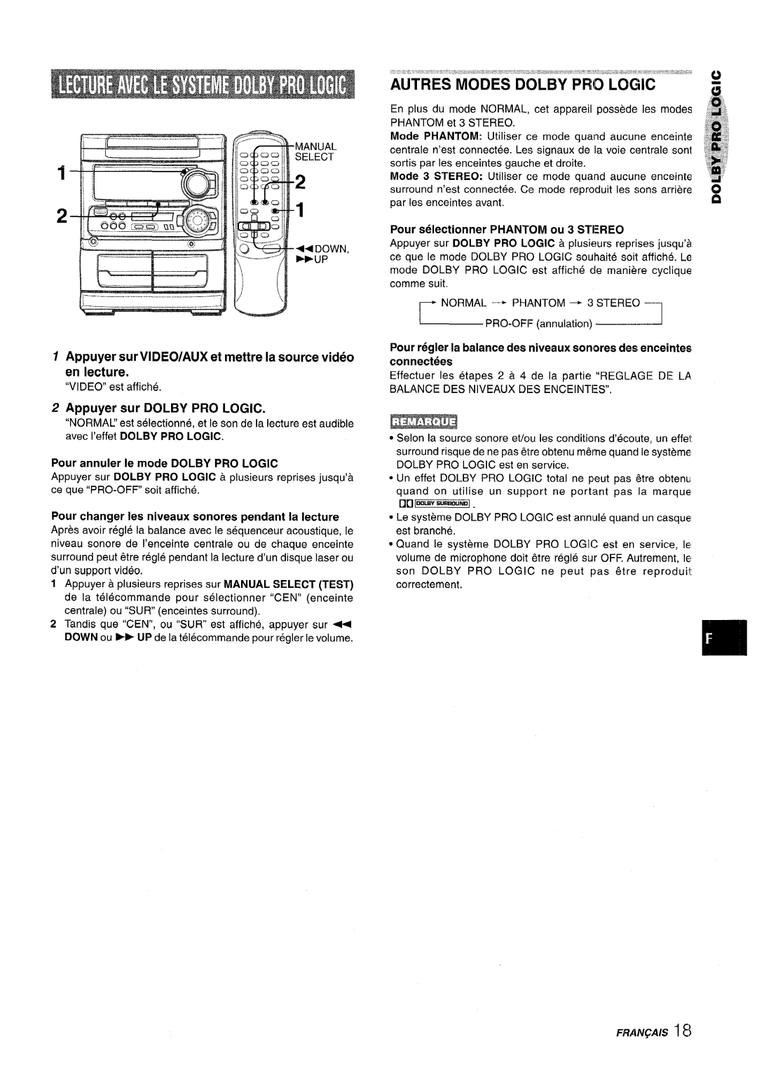 Sony SX-MT321, NSX-MT320 manual Appuyer sur DOLBY PRO LOGIC, Pour selectionner PHANTOM ou 3 STEREO, FRANQAIS i 