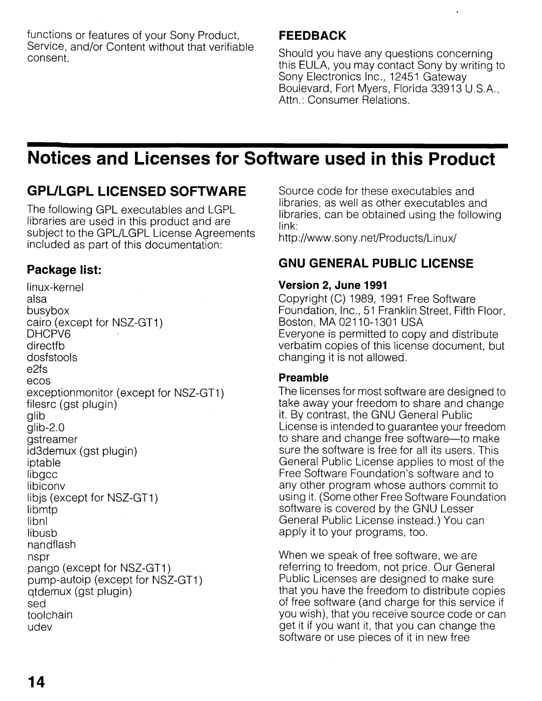 Sony NSZ-GT1 setup guide Feedback, GNU General Public License 