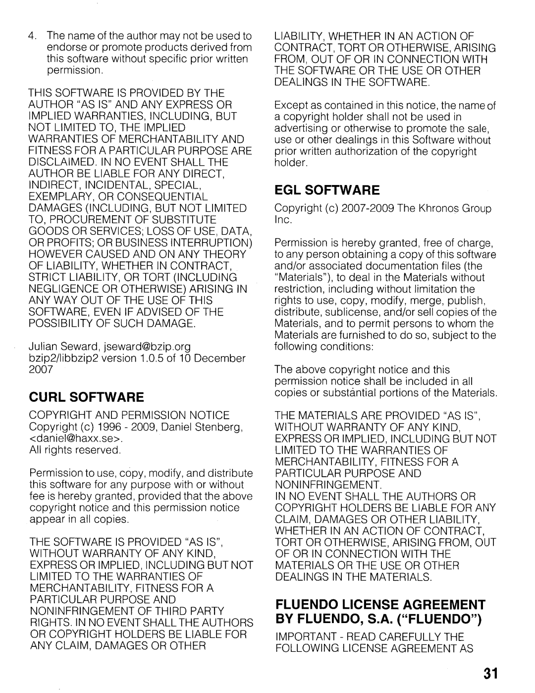 Sony NSZ-GT1 setup guide Curl Software, EGL Software, Fluendo License Agreement by FLUENDO, S.A. Fluendo 