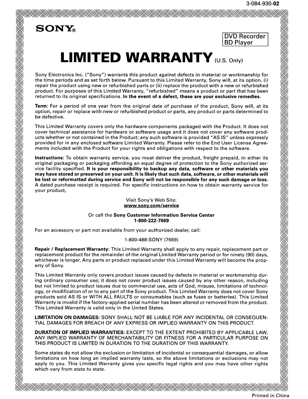 Sony NSZ-GT1 setup guide Limited Warranty u.s. Only 