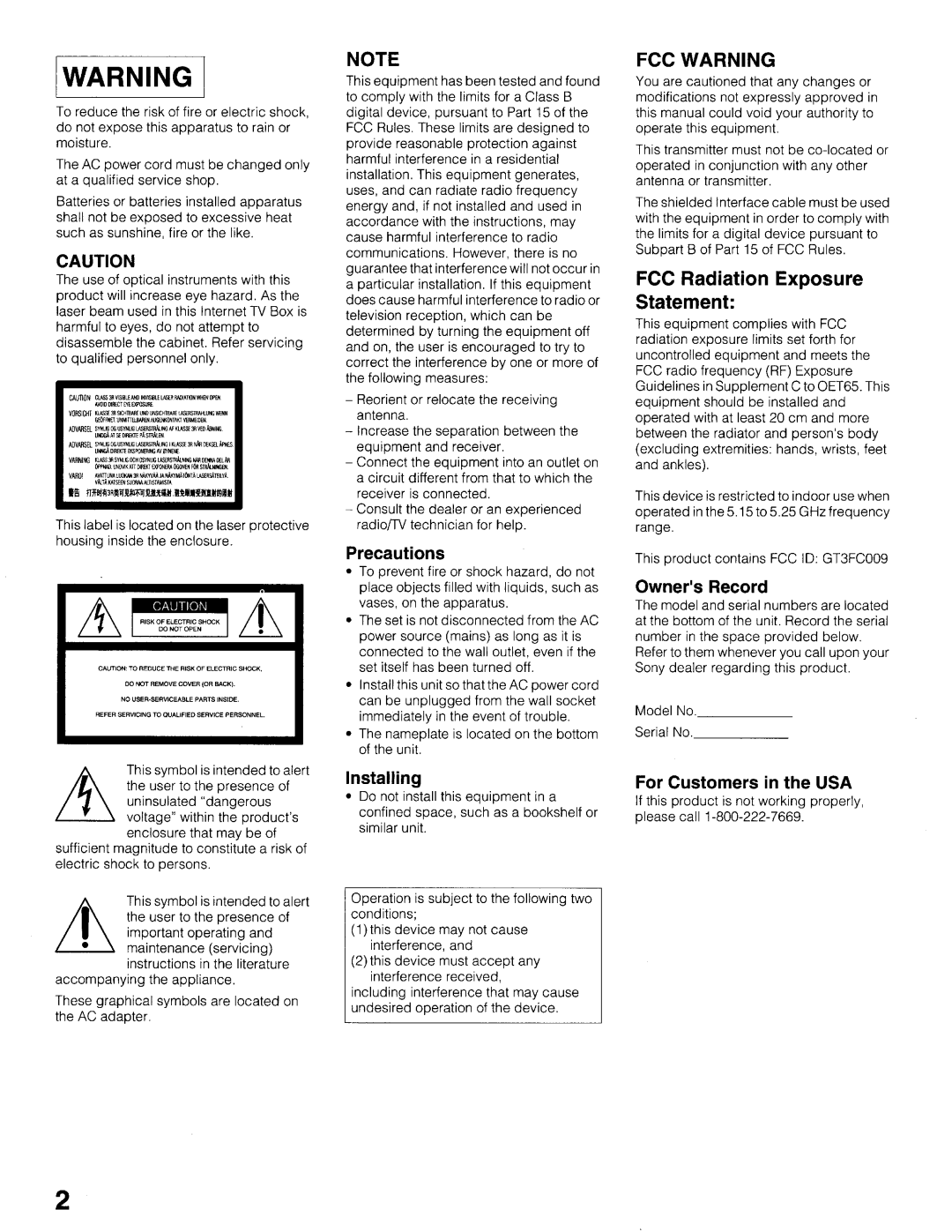 Sony NSZ-GT1 setup guide Iwarning, FCC Warning 