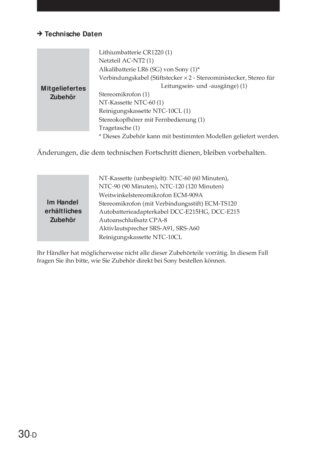 Sony NT-2 manual 30-D, Technische Daten, Mitgeliefertes Zubehör 