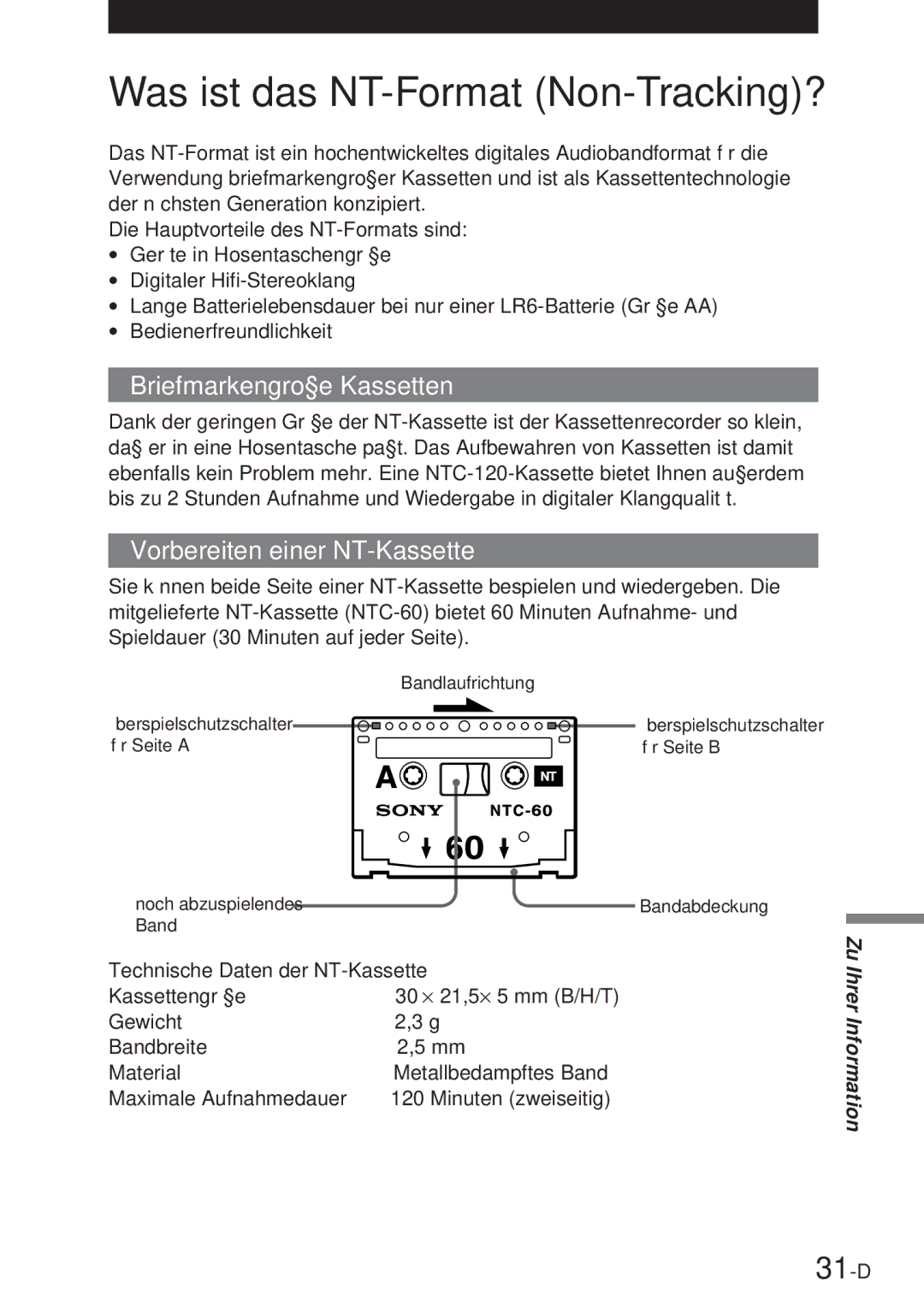 Sony NT-2 manual Was ist das NT-Format Non-Tracking?, 31-D, Briefmarkengroße Kassetten, Vorbereiten einer NT-Kassette 