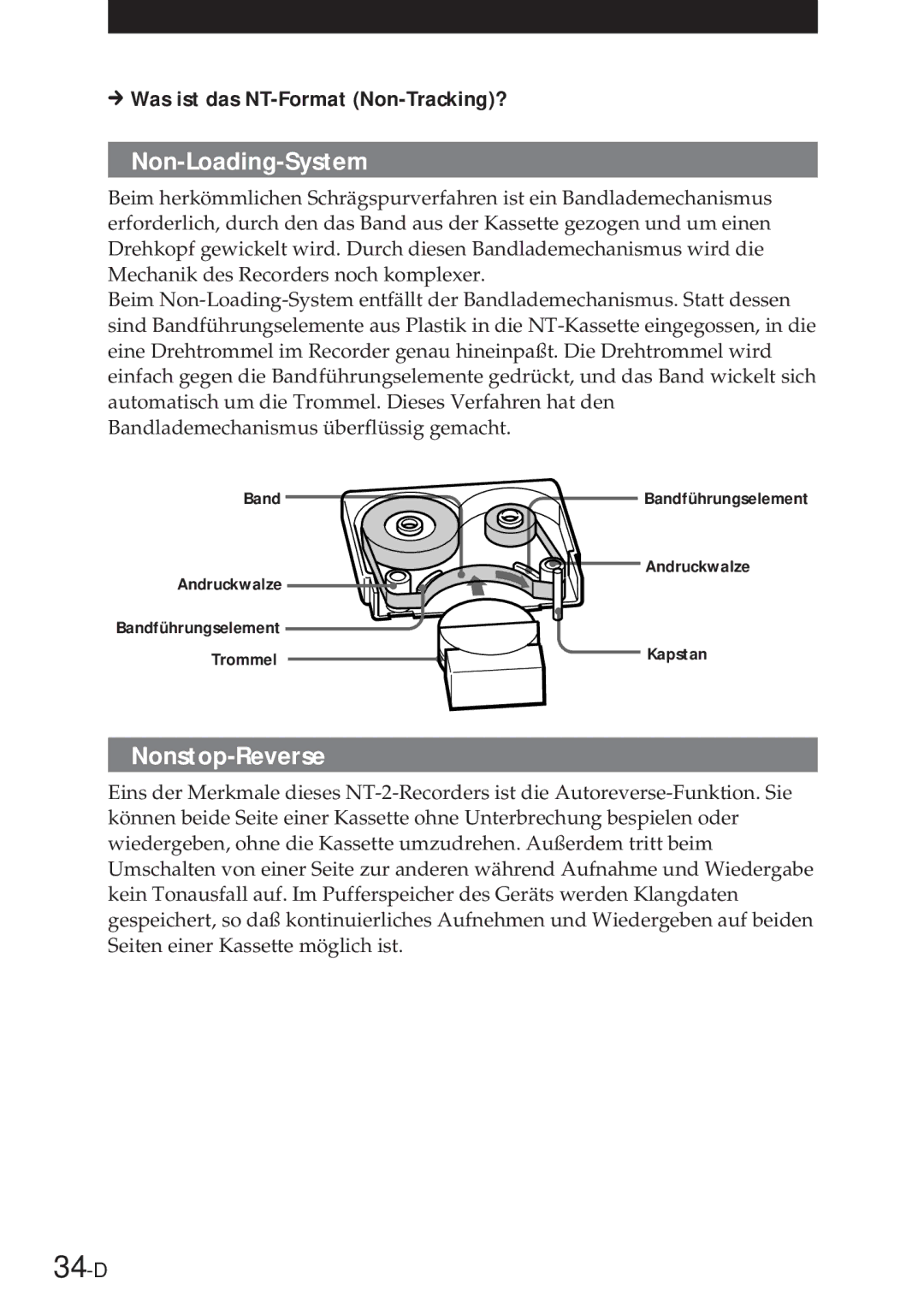 Sony NT-2 manual 34-D, Non-Loading-System, Nonstop-Reverse 