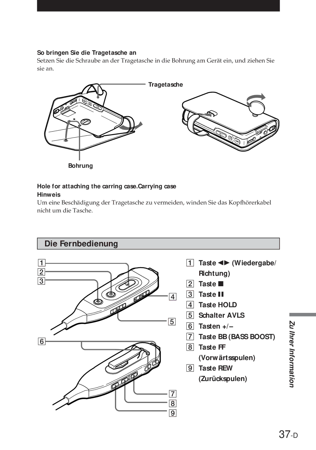 Sony NT-2 manual 37-D, Die Fernbedienung 