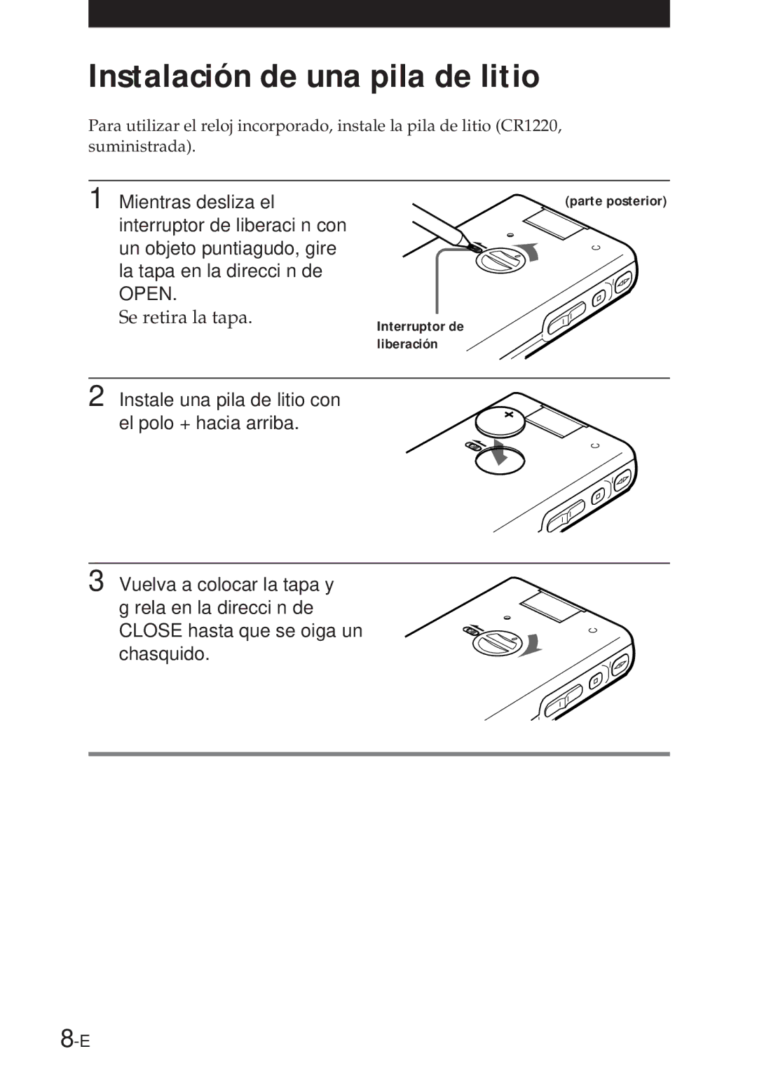 Sony NT-2 manual Instalación de una pila de litio, Se retira la tapa 