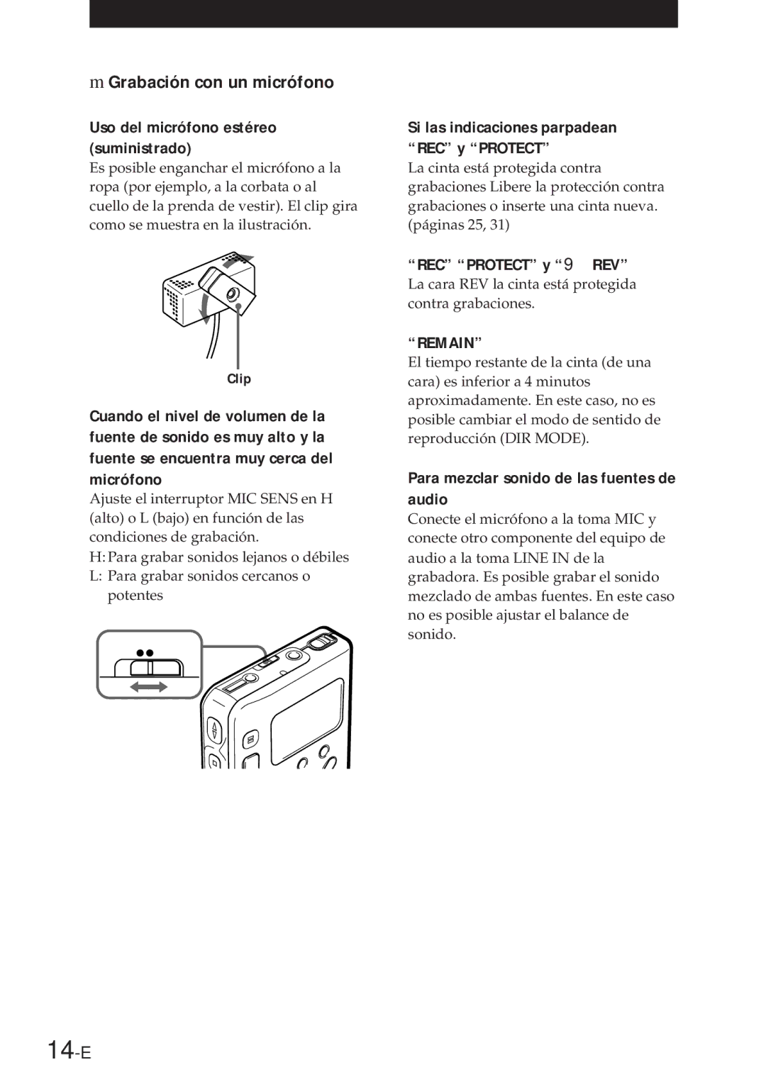 Sony NT-2 manual 14-E, Grabación con un micrófono, REC Protect y 9 REV, Para mezclar sonido de las fuentes de audio 