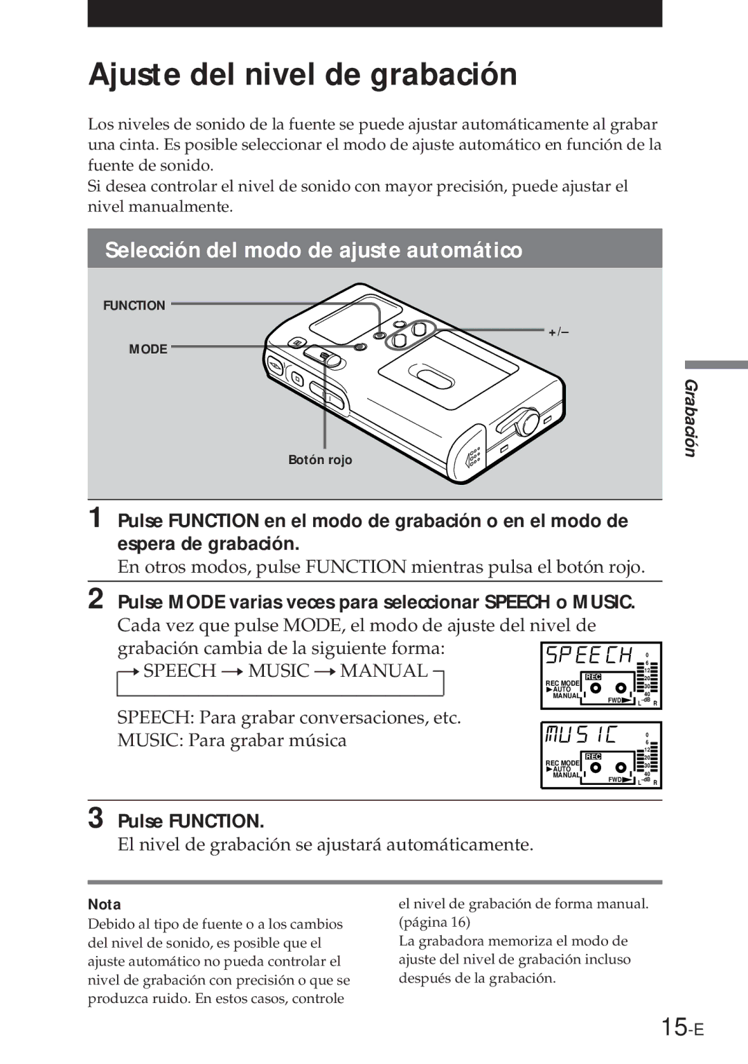 Sony NT-2 manual Ajuste del nivel de grabación, 15-E, Selección del modo de ajuste automático, Pulse Function 