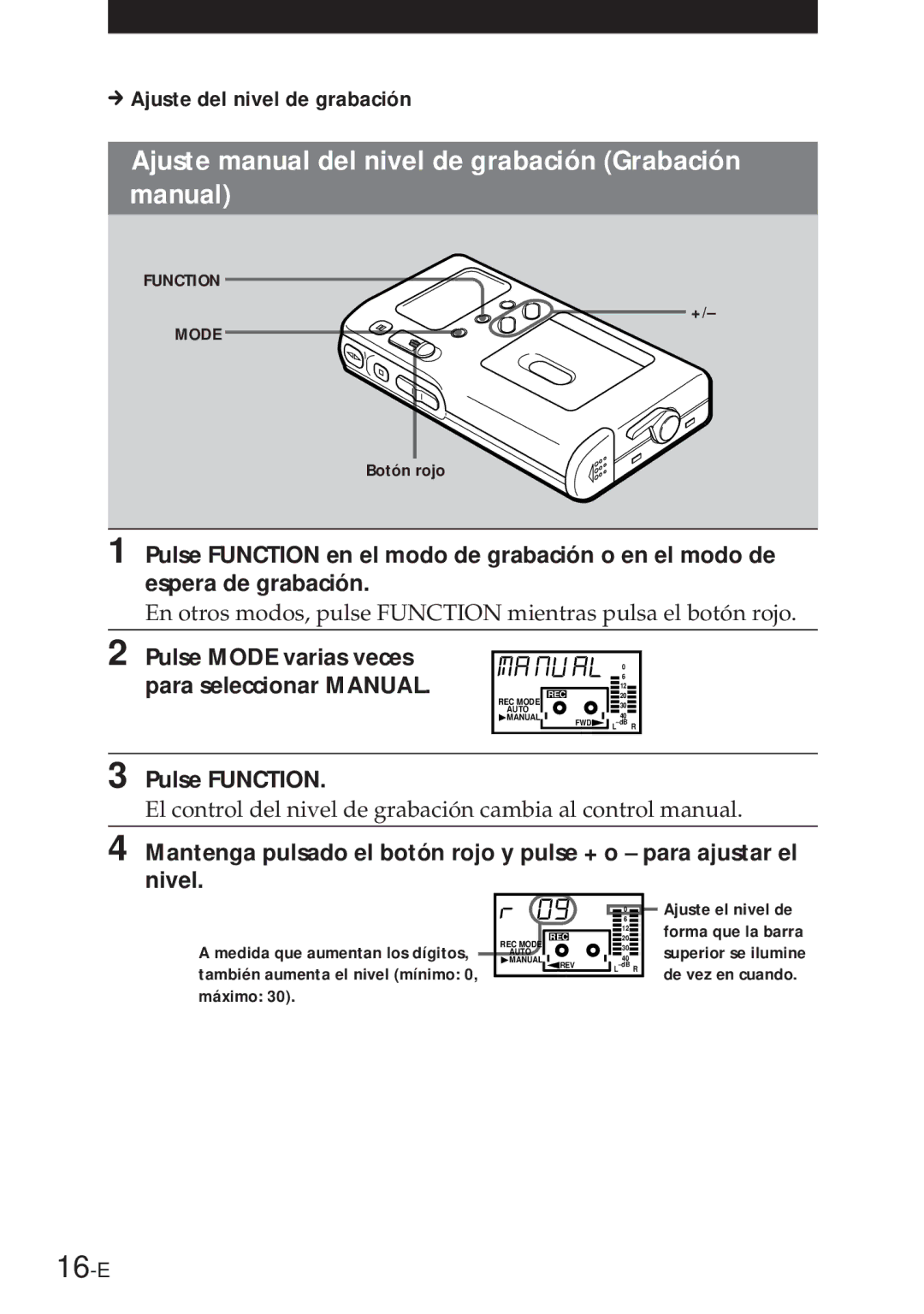 Sony NT-2 16-E, Ajuste manual del nivel de grabación Grabación manual, Ajuste del nivel de grabación 