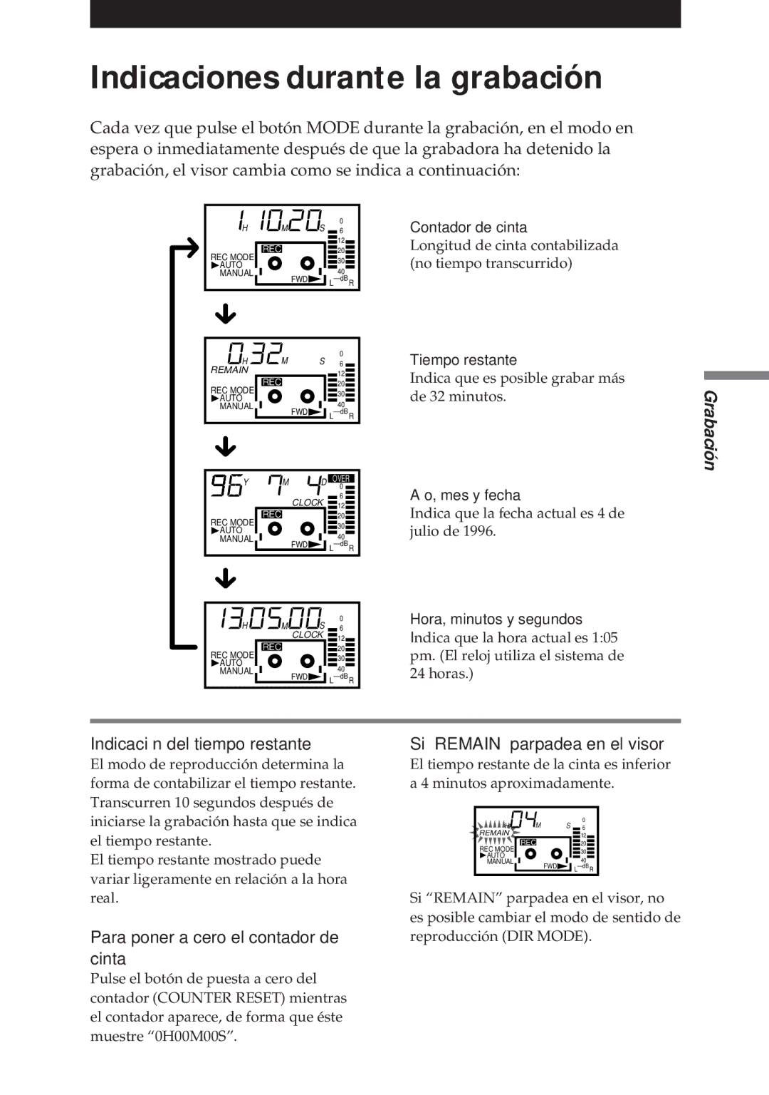 Sony NT-2 Indicaciones durante la grabación, 17-E, Indicación del tiempo restante, Para poner a cero el contador de cinta 