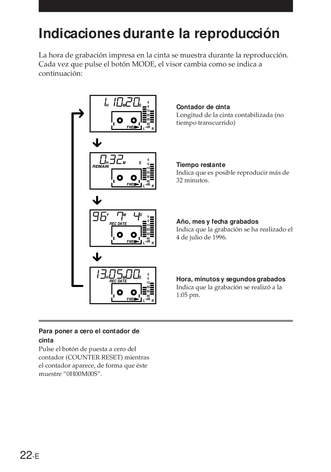 Sony NT-2 manual Indicaciones durante la reproducción, 22-E 