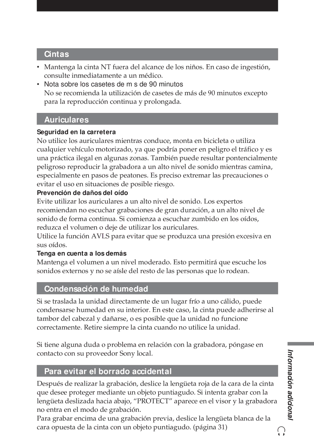 Sony NT-2 manual Cintas, Auriculares, Condensación de humedad, Para evitar el borrado accidental 